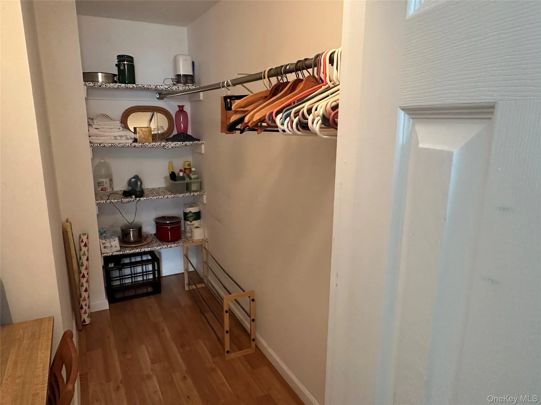 Spacious walk in closet featuring dark wood-style flooring Spacious walk in closet featuring dark wood-style flooring