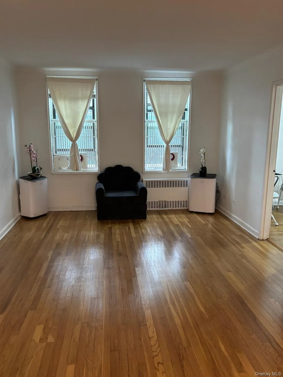 Sitting room with light wood finished floors, healthy amount of natural light, and radiator Sitting room with light wood finished floors, healthy amount of natural light, and radiator