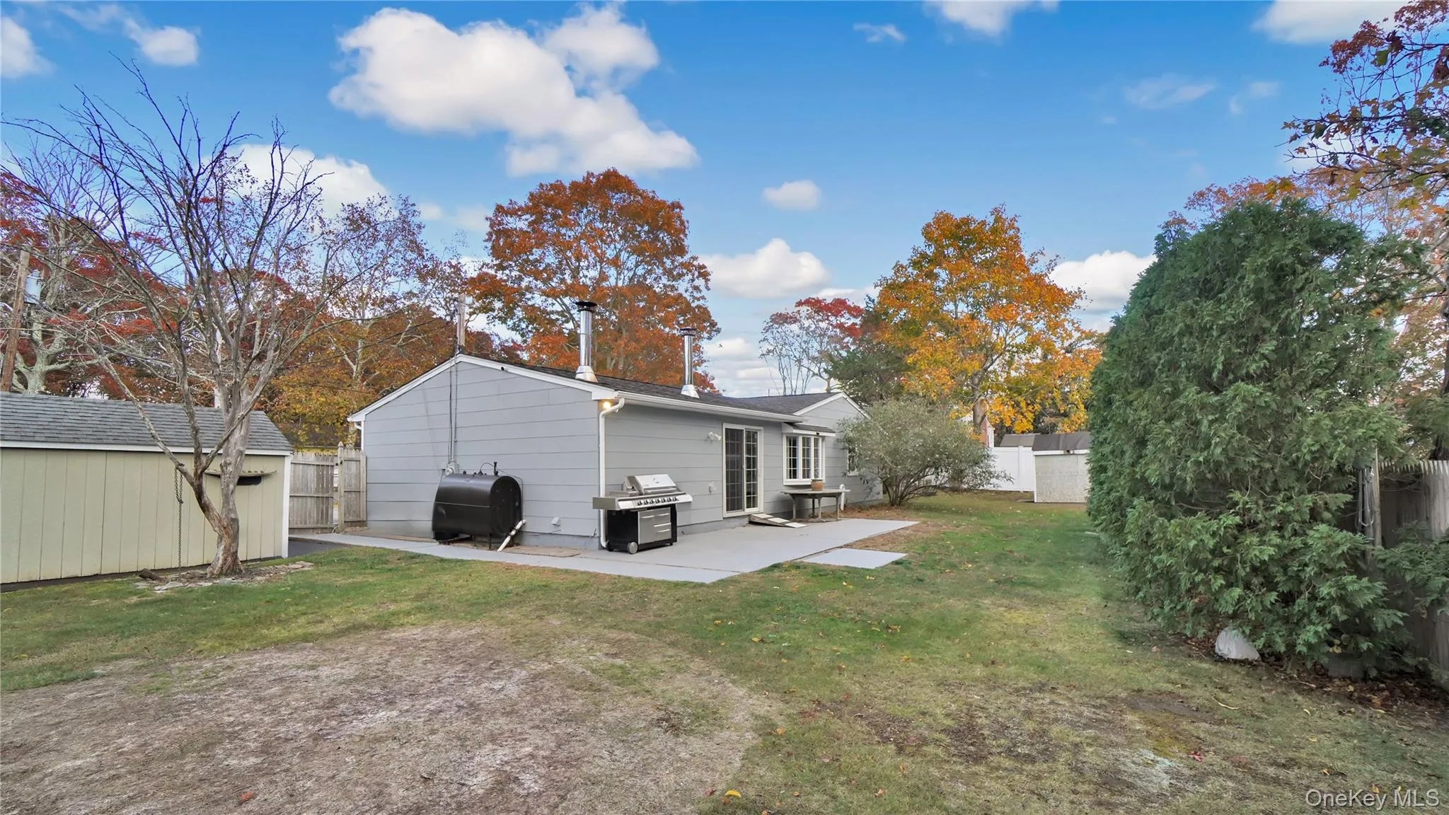 Rear view of house with a patio, a fenced backyard, a storage unit, and heating fuel Rear view of house with a patio, a fenced backyard, a storage unit, and heating fuel