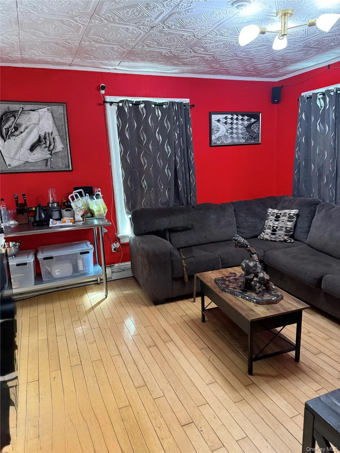 Living area featuring an ornate ceiling, wood-type flooring, and a baseboard heating unit Living area featuring an ornate ceiling, wood-type flooring, and a baseboard heating unit