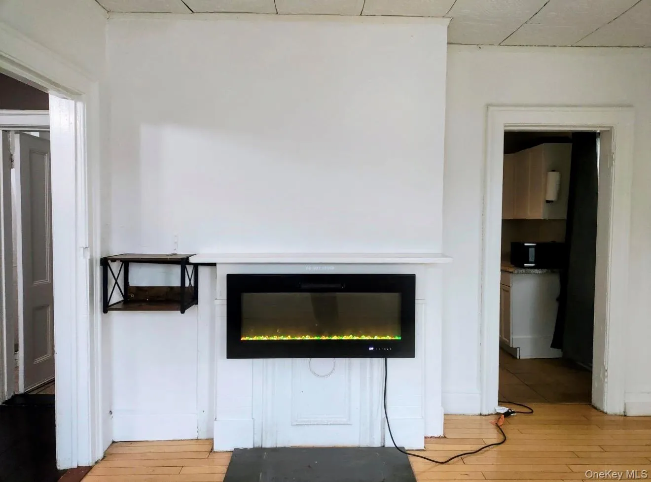 Detailed view of a glass covered fireplace and wood finished floors Detailed view of a glass covered fireplace and wood finished floors