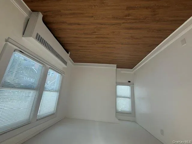 Spare room featuring radiator, dark wood-style flooring, and ornamental molding Spare room featuring radiator, dark wood-style flooring, and ornamental molding