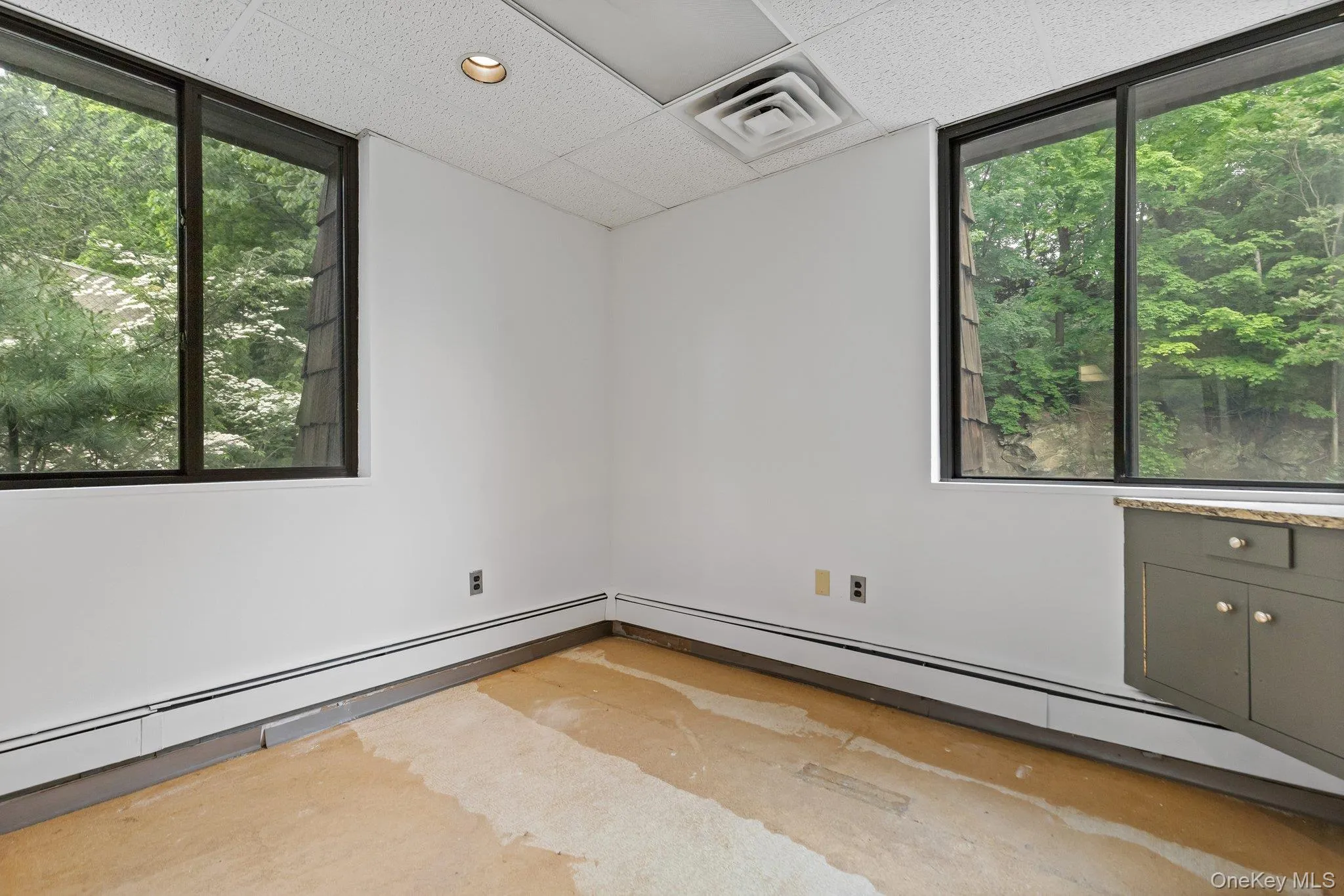 Unfurnished room with baseboard heating and a drop ceiling Unfurnished room with baseboard heating and a drop ceiling