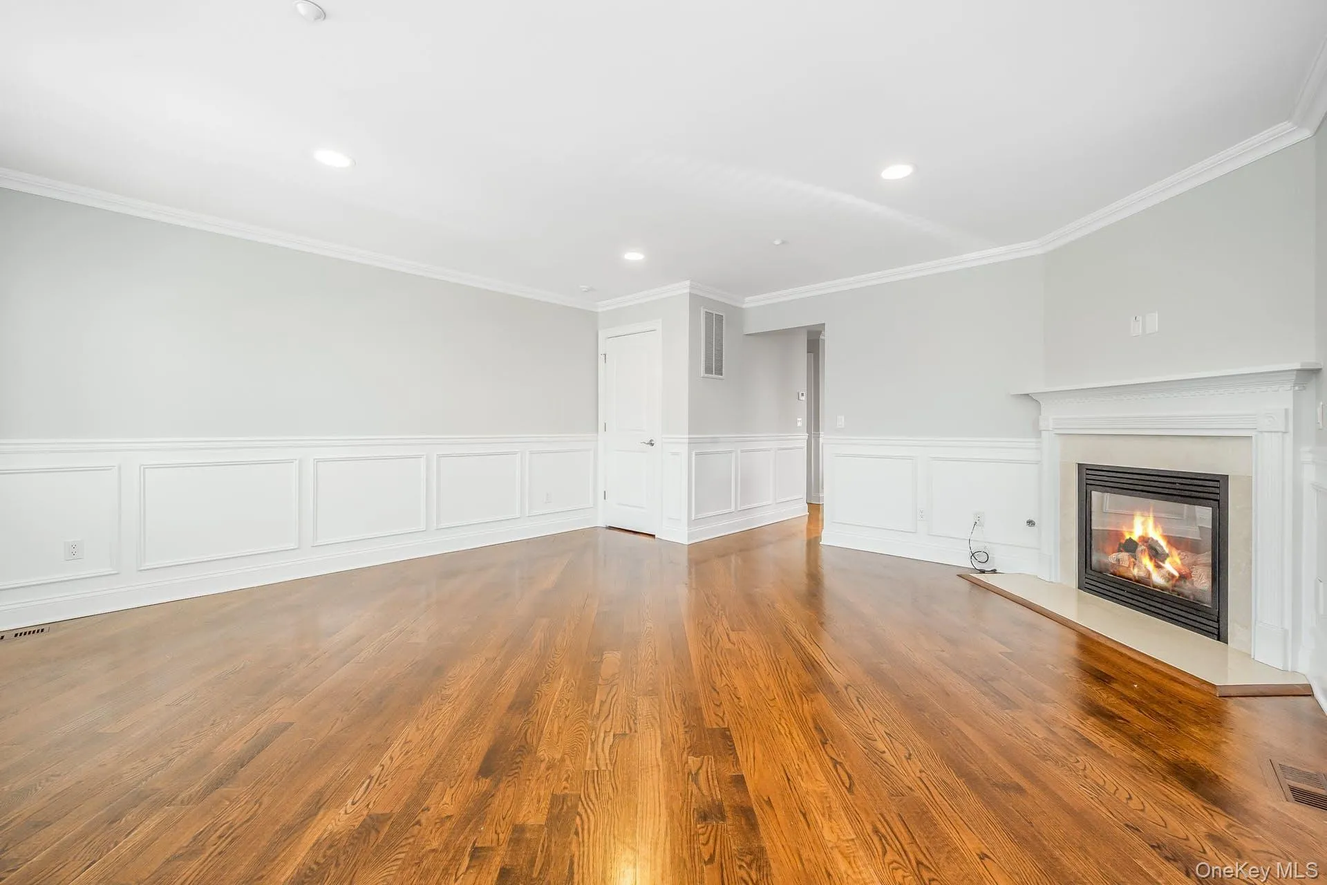 Unfurnished living room with wood finished floors, a decorative wall, a glass covered fireplace, crown molding, and a wainscoted wall Unfurnished living room with wood finished floors, a decorative wall, a glass covered fireplace, crown molding, and a wainscoted wall