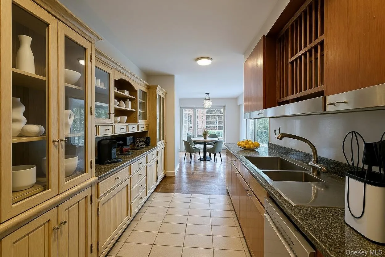 Kitchen featuring glass insert cabinets, dishwasher, open shelves, light tile patterned flooring, and decorative light fixtures Kitchen featuring glass insert cabinets, dishwasher, open shelves, light tile patterned flooring, and decorative light fixtures