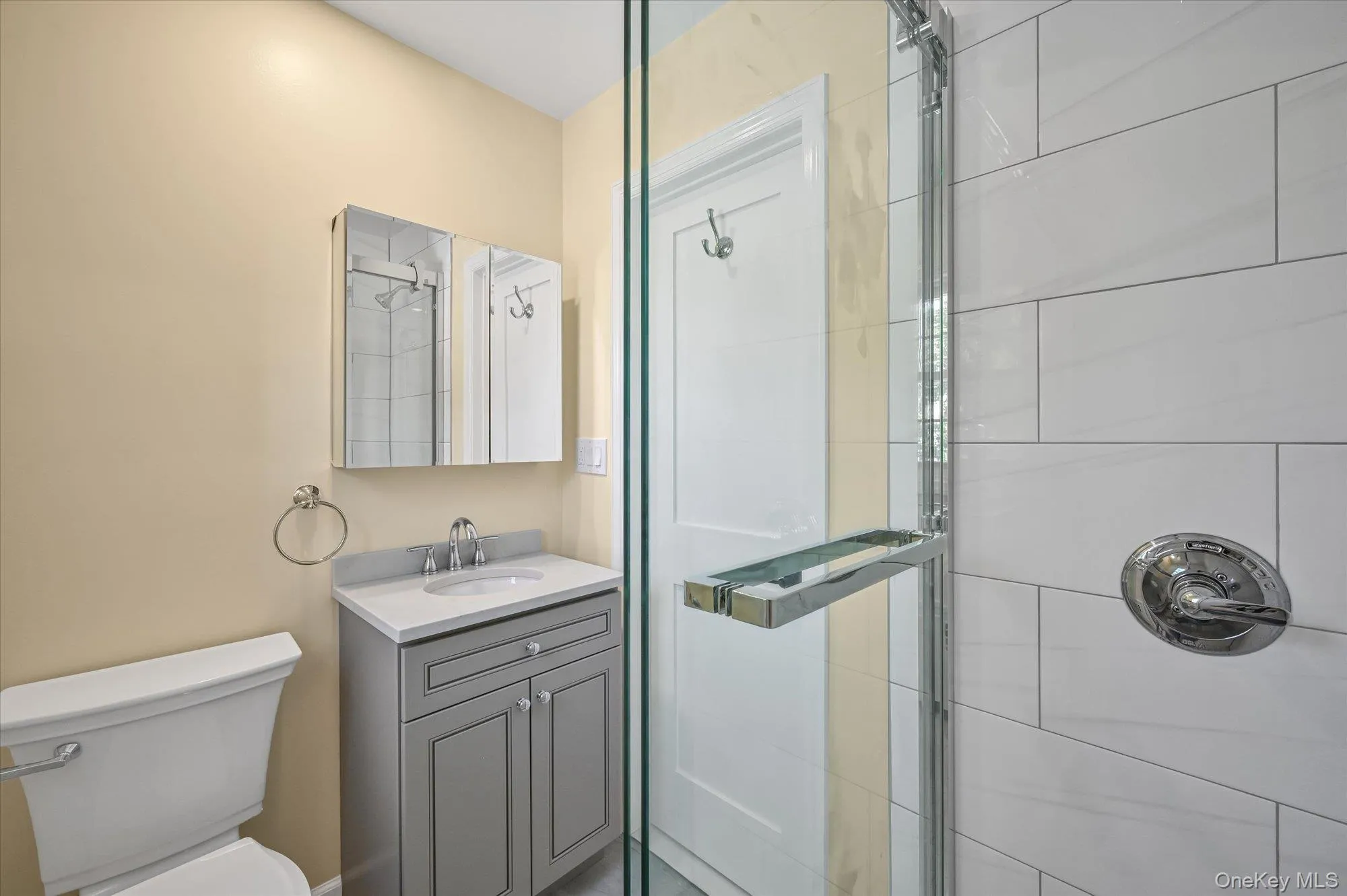 Bathroom featuring a shower stall and vanity Bathroom featuring a shower stall and vanity