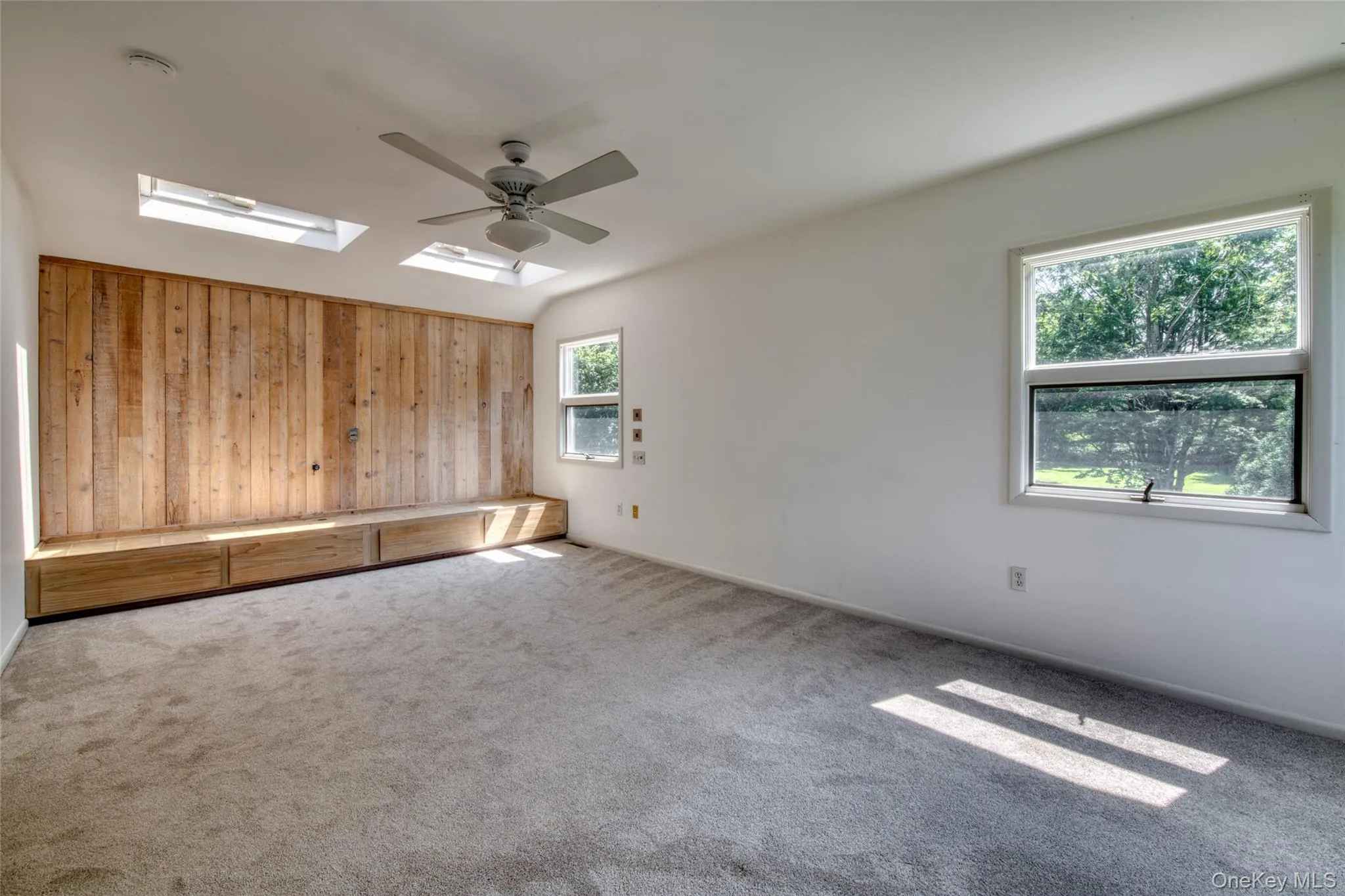 Carpeted spare room with wooden walls, a skylight, and a ceiling fan Carpeted spare room with wooden walls, a skylight, and a ceiling fan