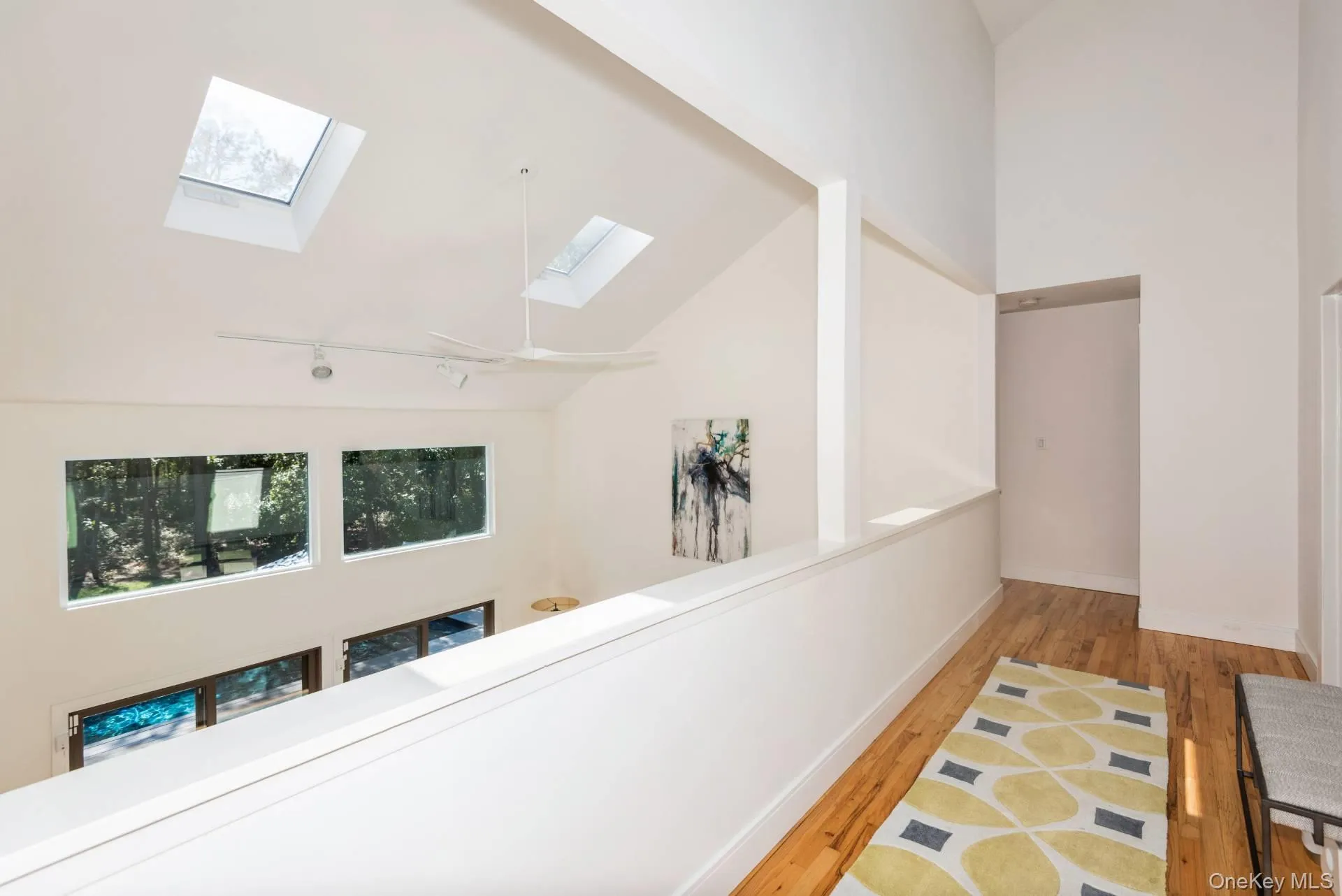 Hallway with a skylight, wood finished floors, high vaulted ceiling, and rail lighting Hallway with a skylight, wood finished floors, high vaulted ceiling, and rail lighting