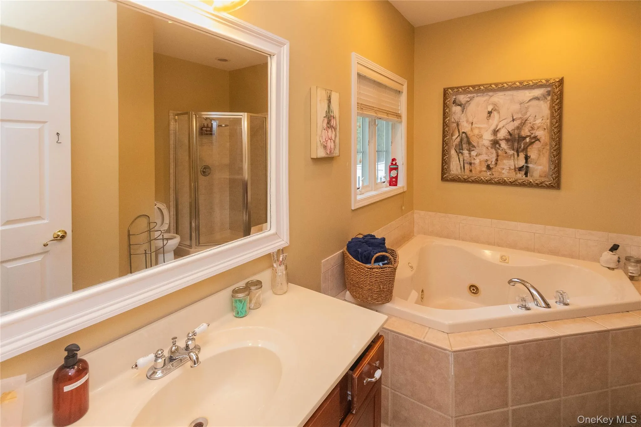 Bathroom with a shower stall, vanity, and a whirlpool tub Bathroom with a shower stall, vanity, and a whirlpool tub
