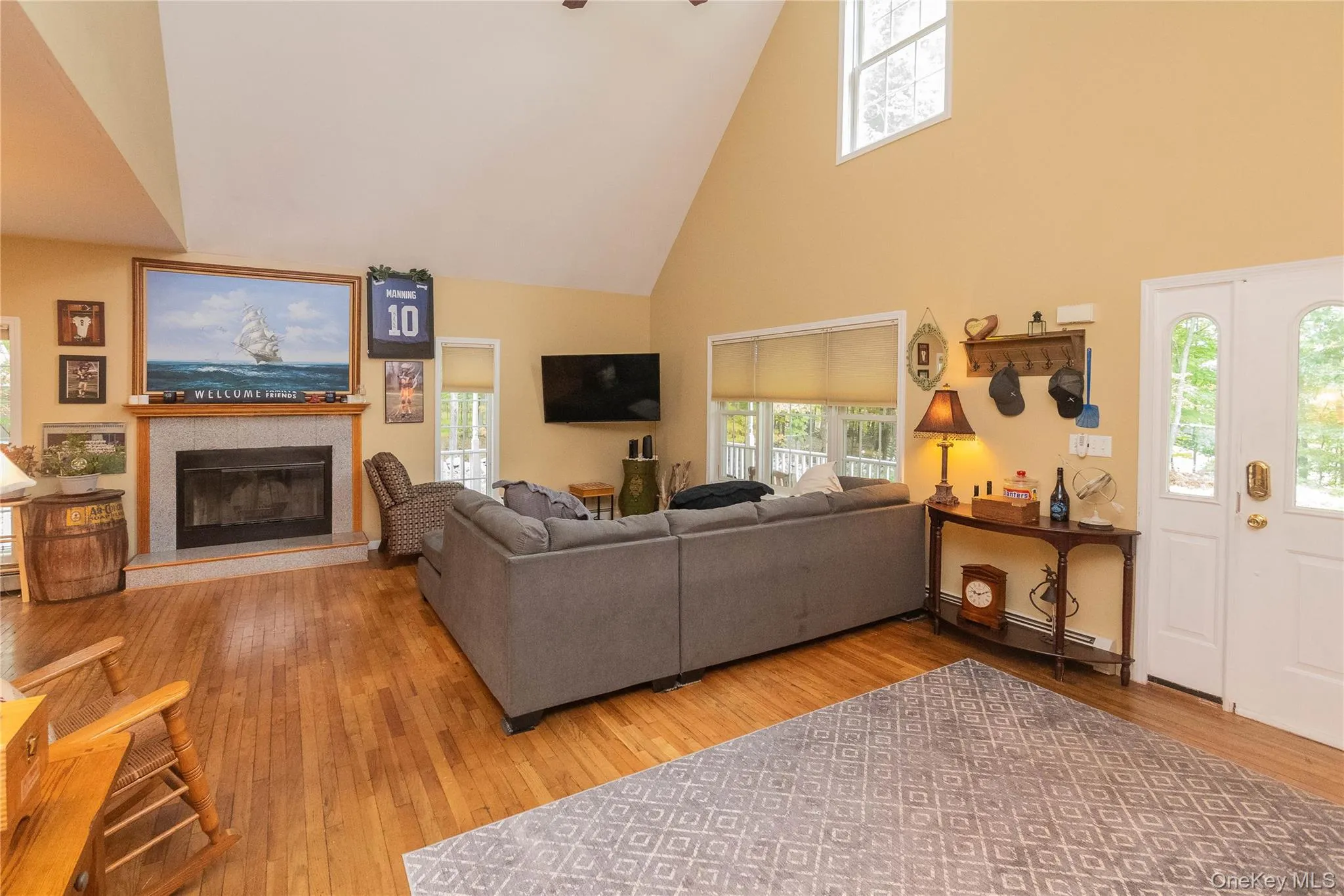 Living room with high vaulted ceiling, light wood-type flooring, a glass covered fireplace, and baseboard heating Living room with high vaulted ceiling, light wood-type flooring, a glass covered fireplace, and baseboard heating