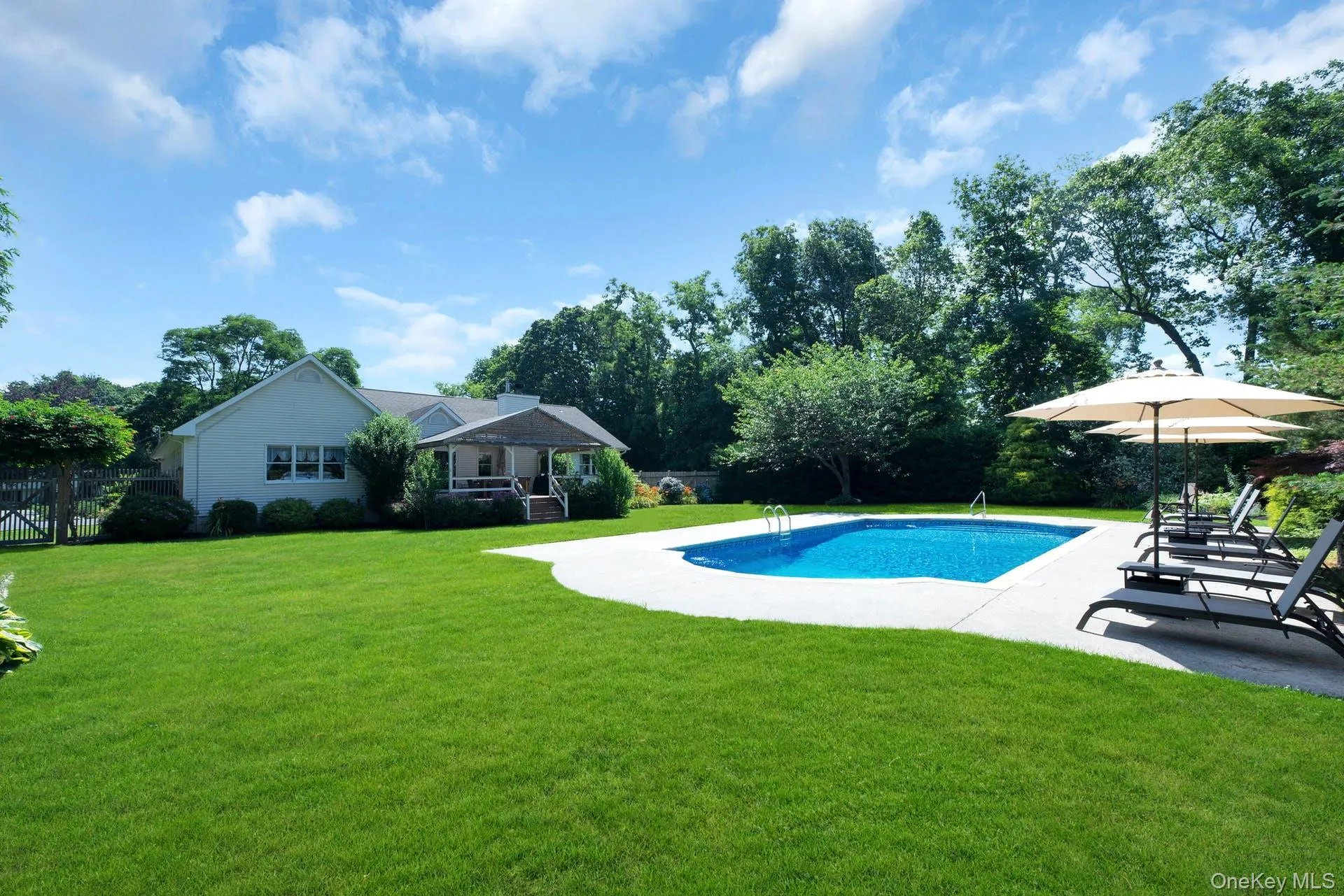 Swimming pool featuring a patio and view of scattered trees Swimming pool featuring a patio and view of scattered trees