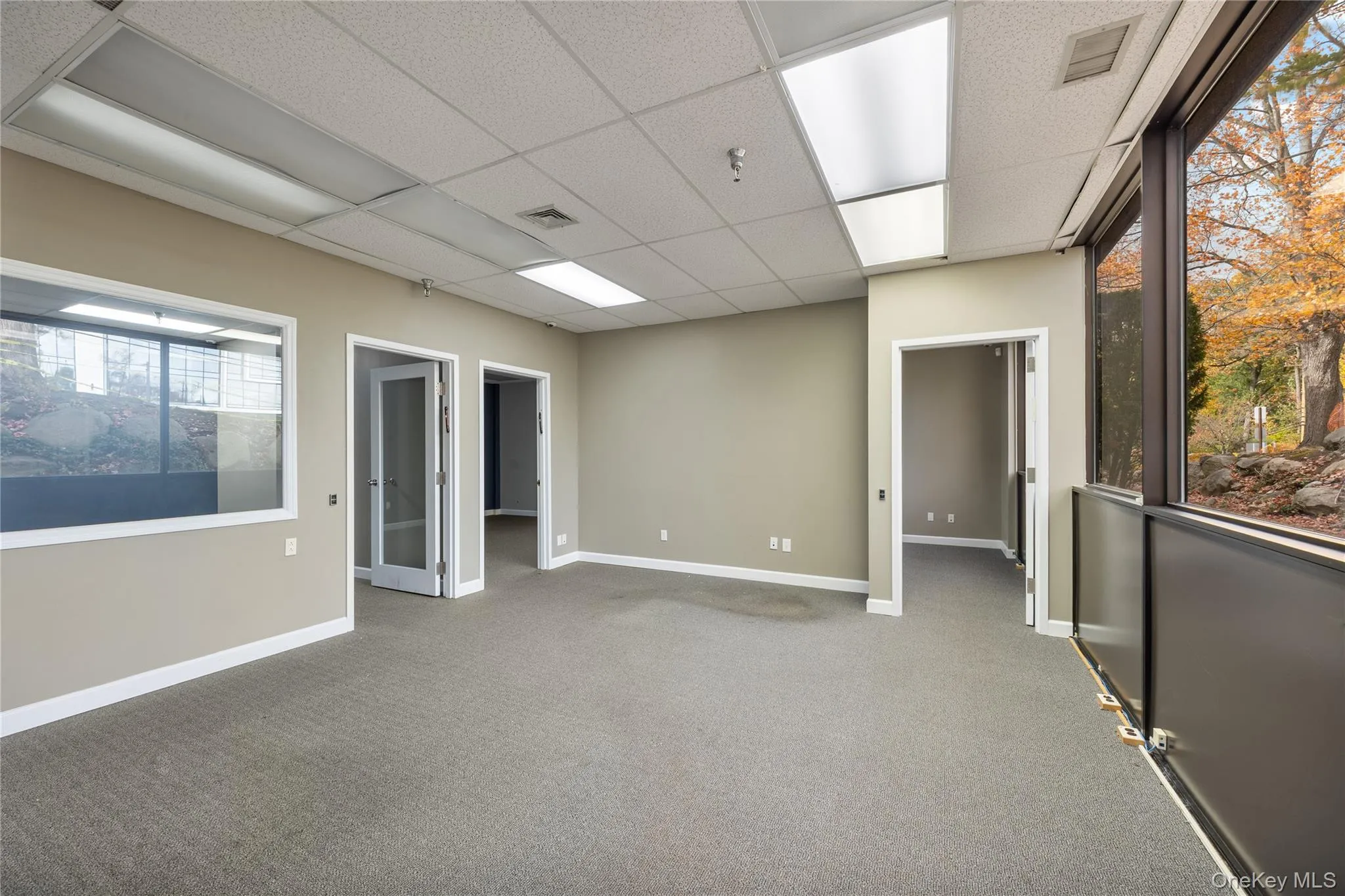 Unfurnished room with a paneled ceiling and light colored carpet Unfurnished room with a paneled ceiling and light colored carpet