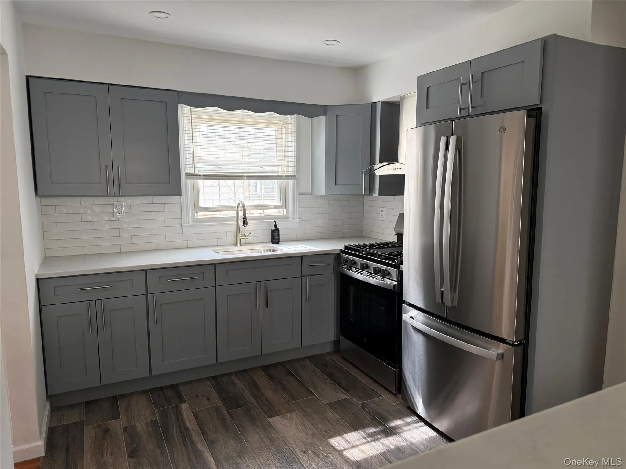 Kitchen featuring gray cabinetry, appliances with stainless steel finishes, wood finish floors, decorative backsplash, and recessed lighting Kitchen featuring gray cabinetry, appliances with stainless steel finishes, wood finish floors, decorative backsplash, and recessed lighting