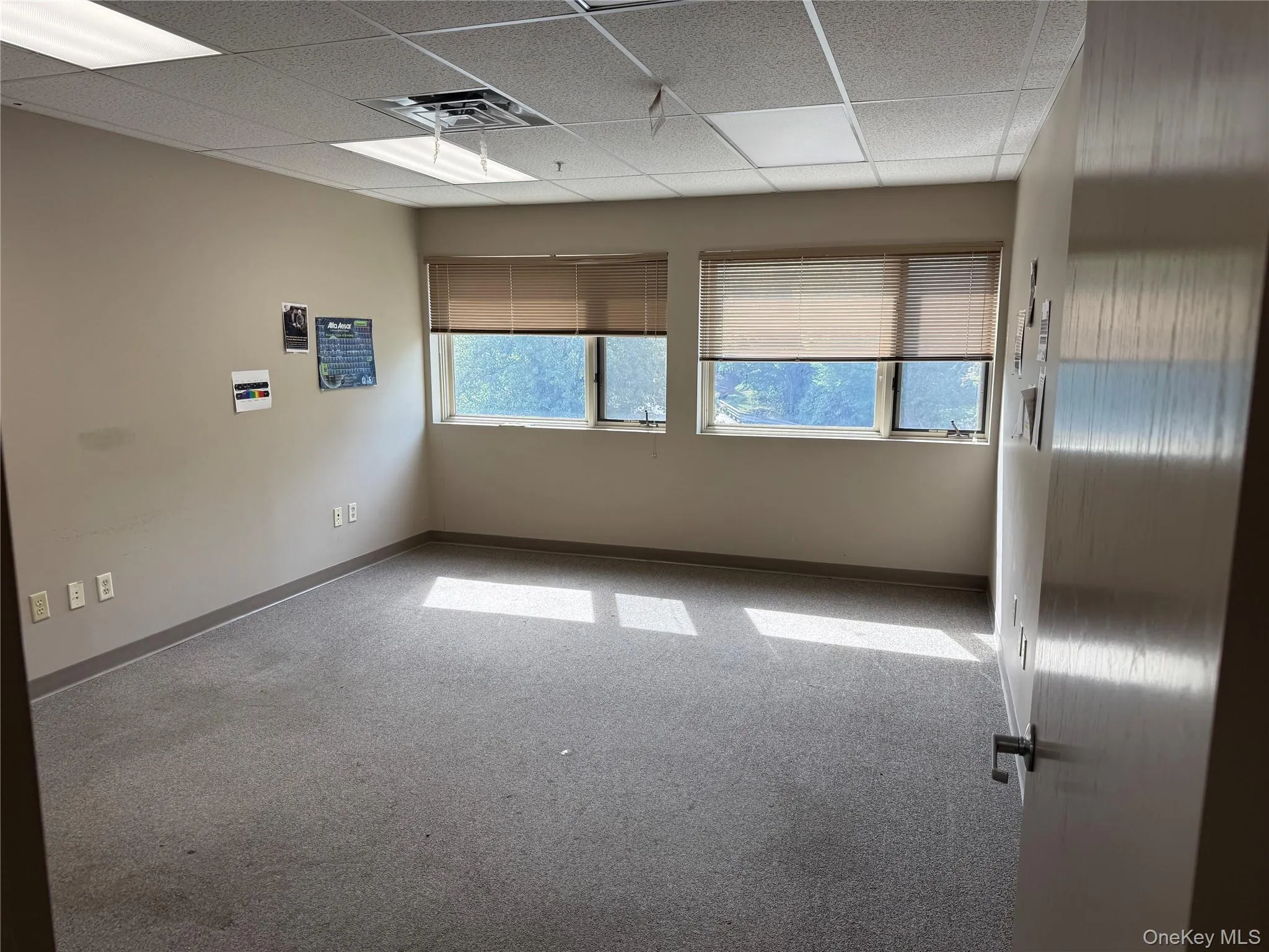 Empty room featuring a paneled ceiling and carpet floors Empty room featuring a paneled ceiling and carpet floors