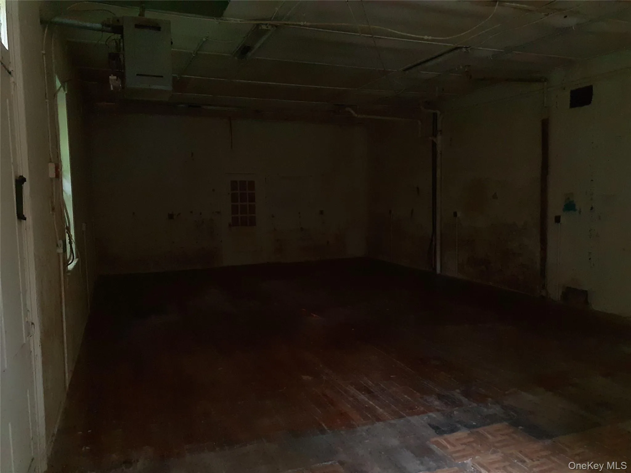 Below grade area with dark wood-type flooring and a garage Below grade area with dark wood-type flooring and a garage