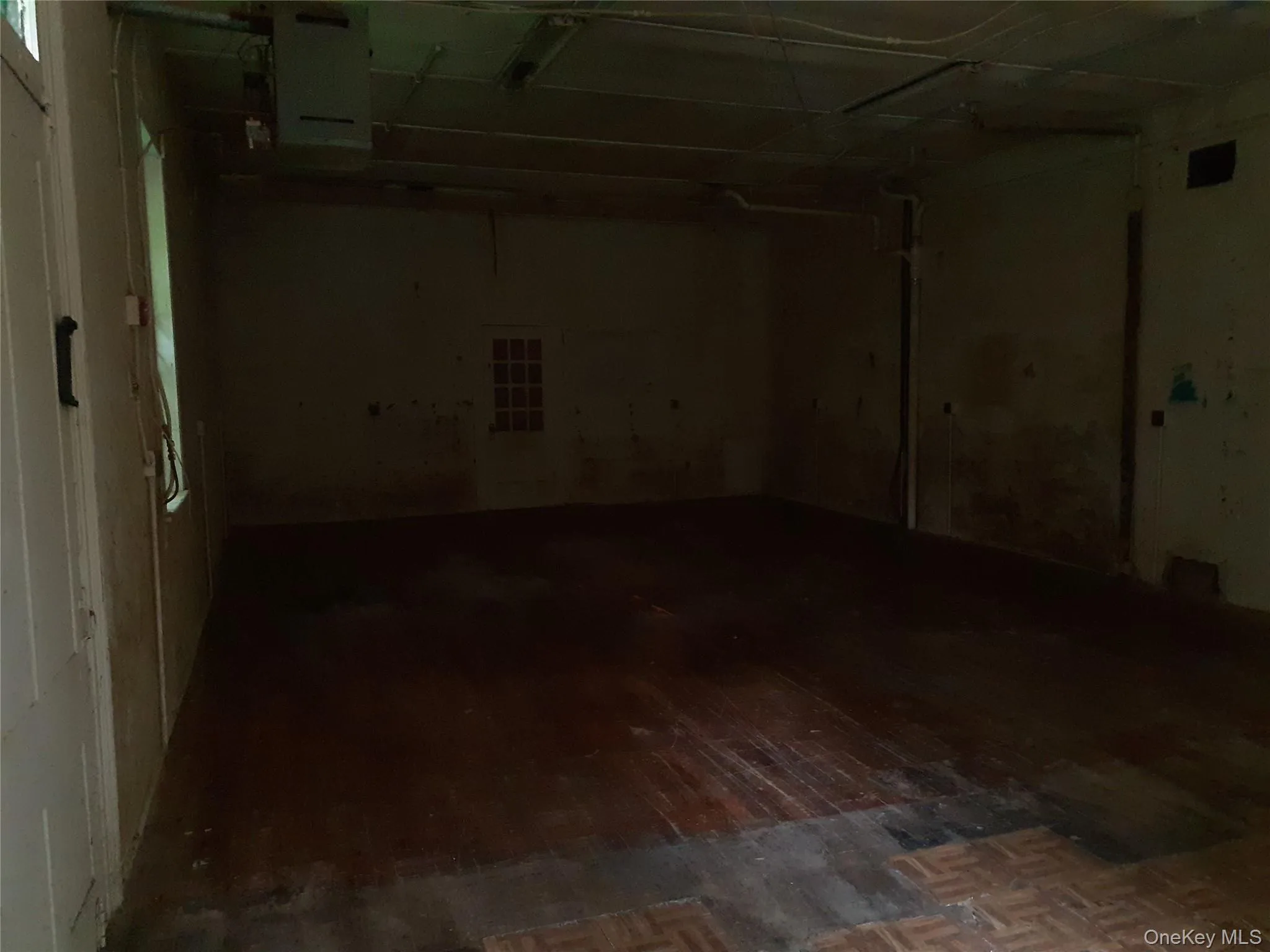 Basement with dark wood-style floors and a garage Basement with dark wood-style floors and a garage