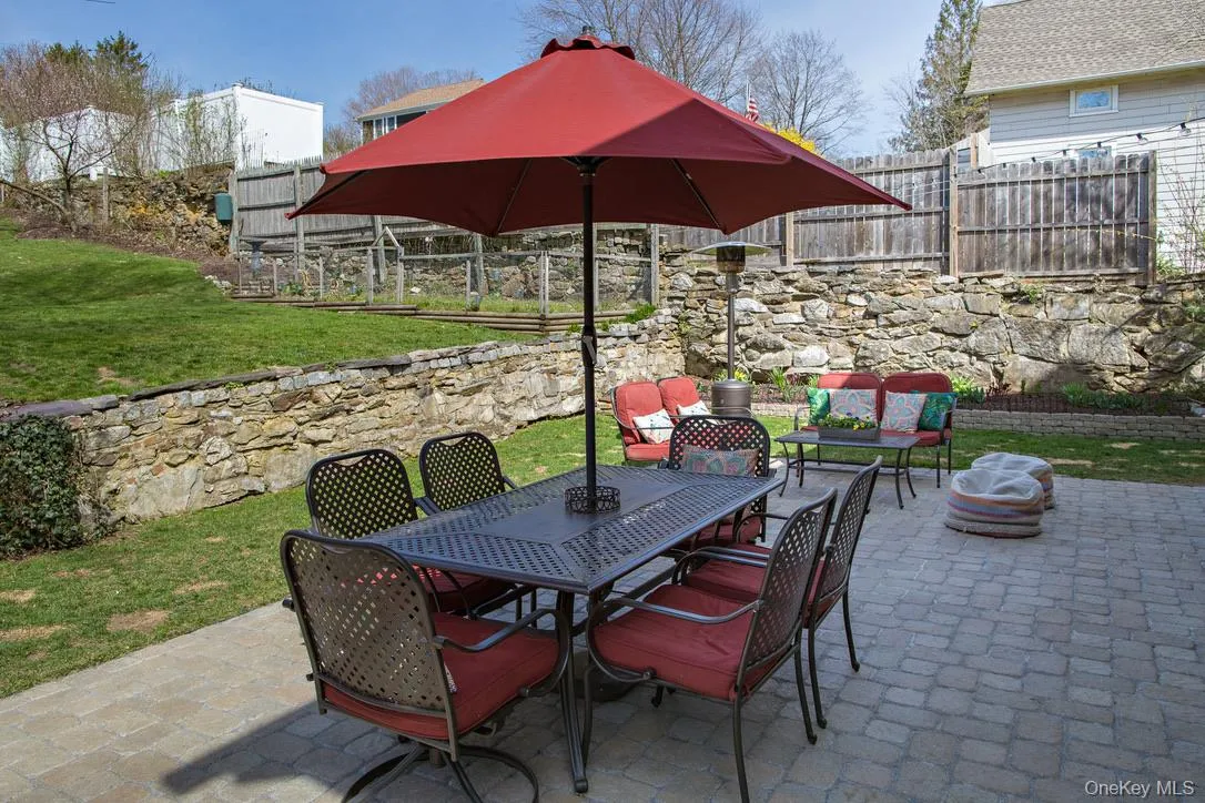 Fenced backyard with a patio and outdoor dining space Fenced backyard with a patio and outdoor dining space