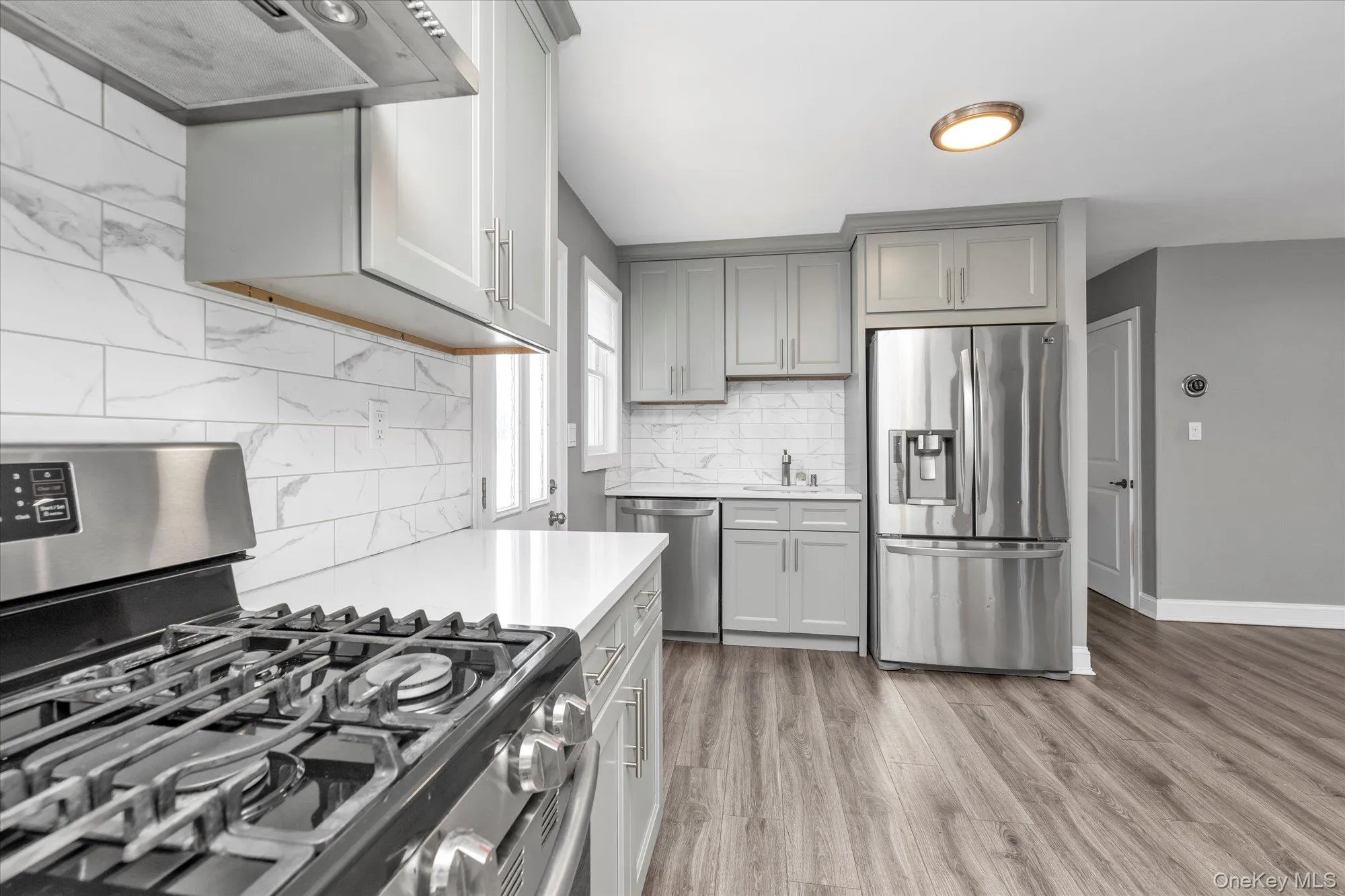 Kitchen featuring appliances with stainless steel finishes, extractor fan, gray cabinets, decorative backsplash, and light wood-type flooring Kitchen featuring appliances with stainless steel finishes, extractor fan, gray cabinets, decorative backsplash, and light wood-type flooring