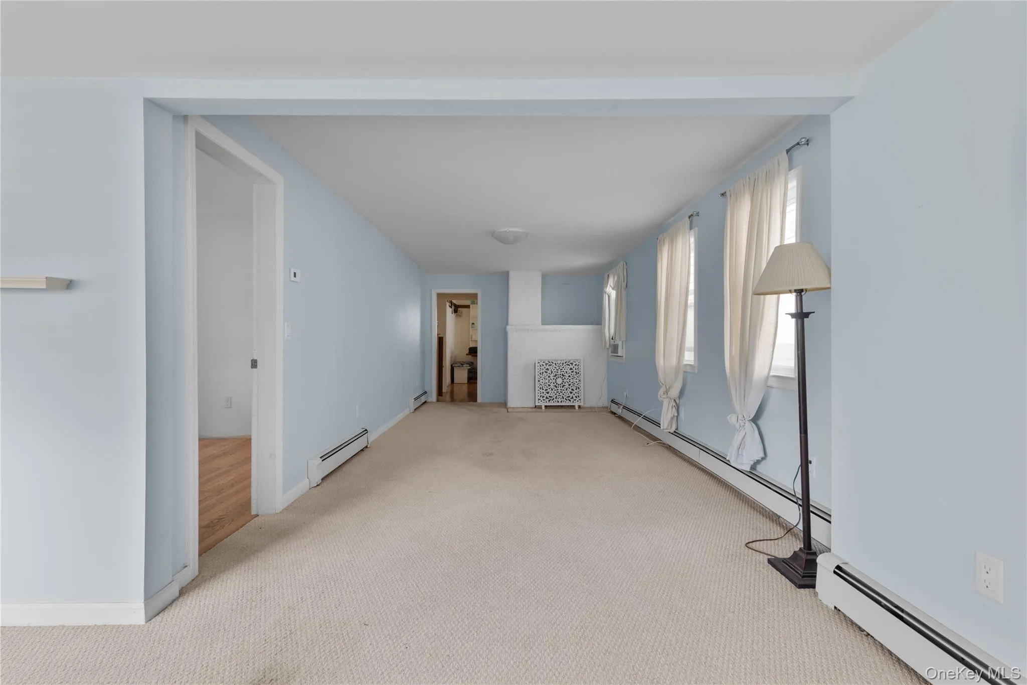 Empty room with baseboard heating, carpet, and radiator heating unit Empty room with baseboard heating, carpet, and radiator heating unit