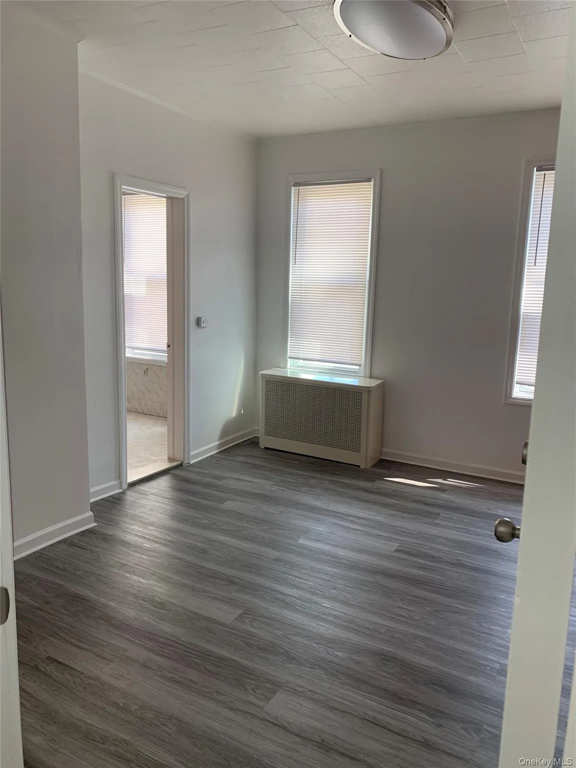 Empty room featuring dark wood-style flooring and radiator heating unit Empty room featuring dark wood-style flooring and radiator heating unit