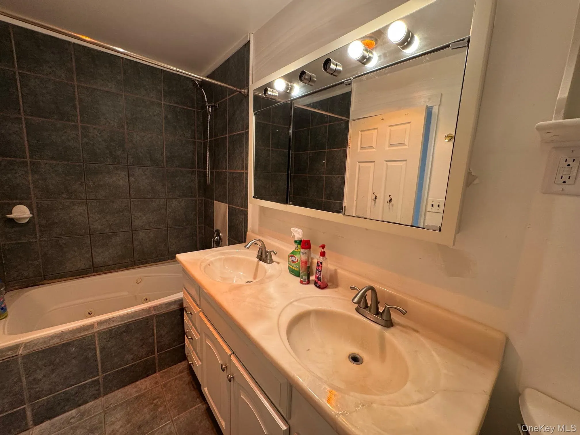 Full bathroom featuring a combined bath / shower with jetted tub and double vanity Full bathroom featuring a combined bath / shower with jetted tub and double vanity