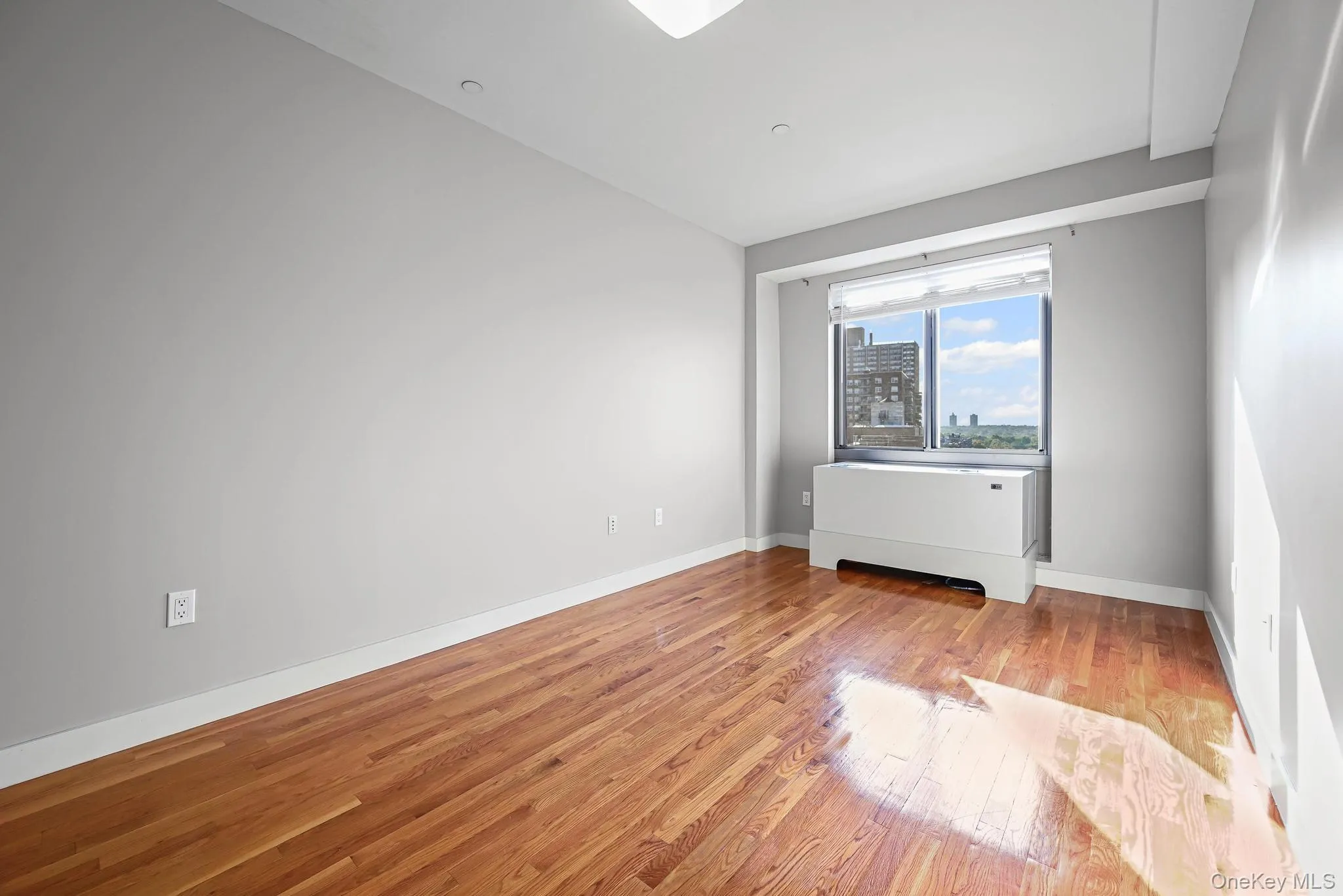 Empty room featuring light wood finished floors, radiator, and a view of city Empty room featuring light wood finished floors, radiator, and a view of city