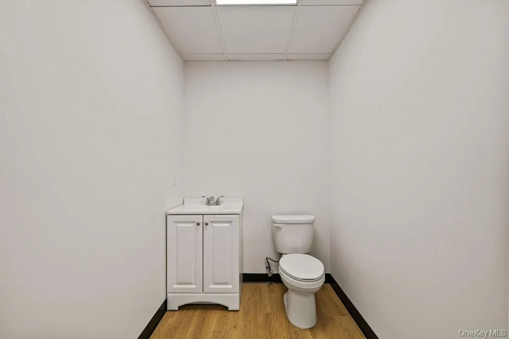 Bathroom with vanity, light wood-style floors, and a drop ceiling Bathroom with vanity, light wood-style floors, and a drop ceiling