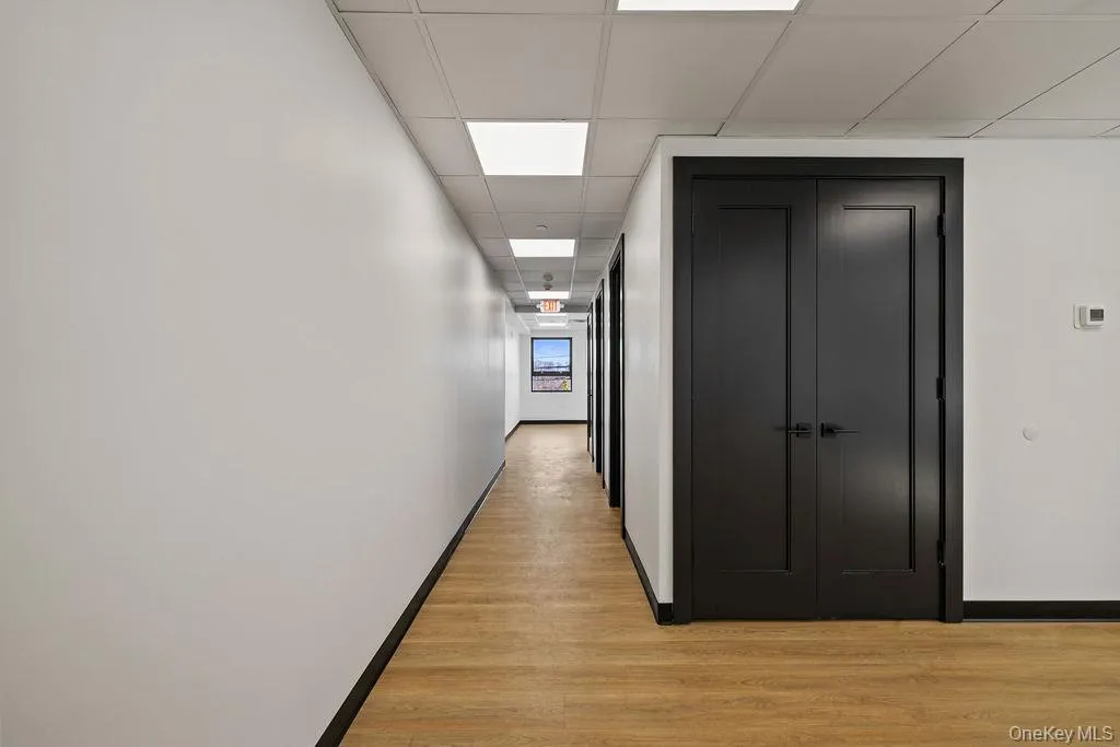 Hall featuring a drop ceiling and light wood-style flooring Hall featuring a drop ceiling and light wood-style flooring