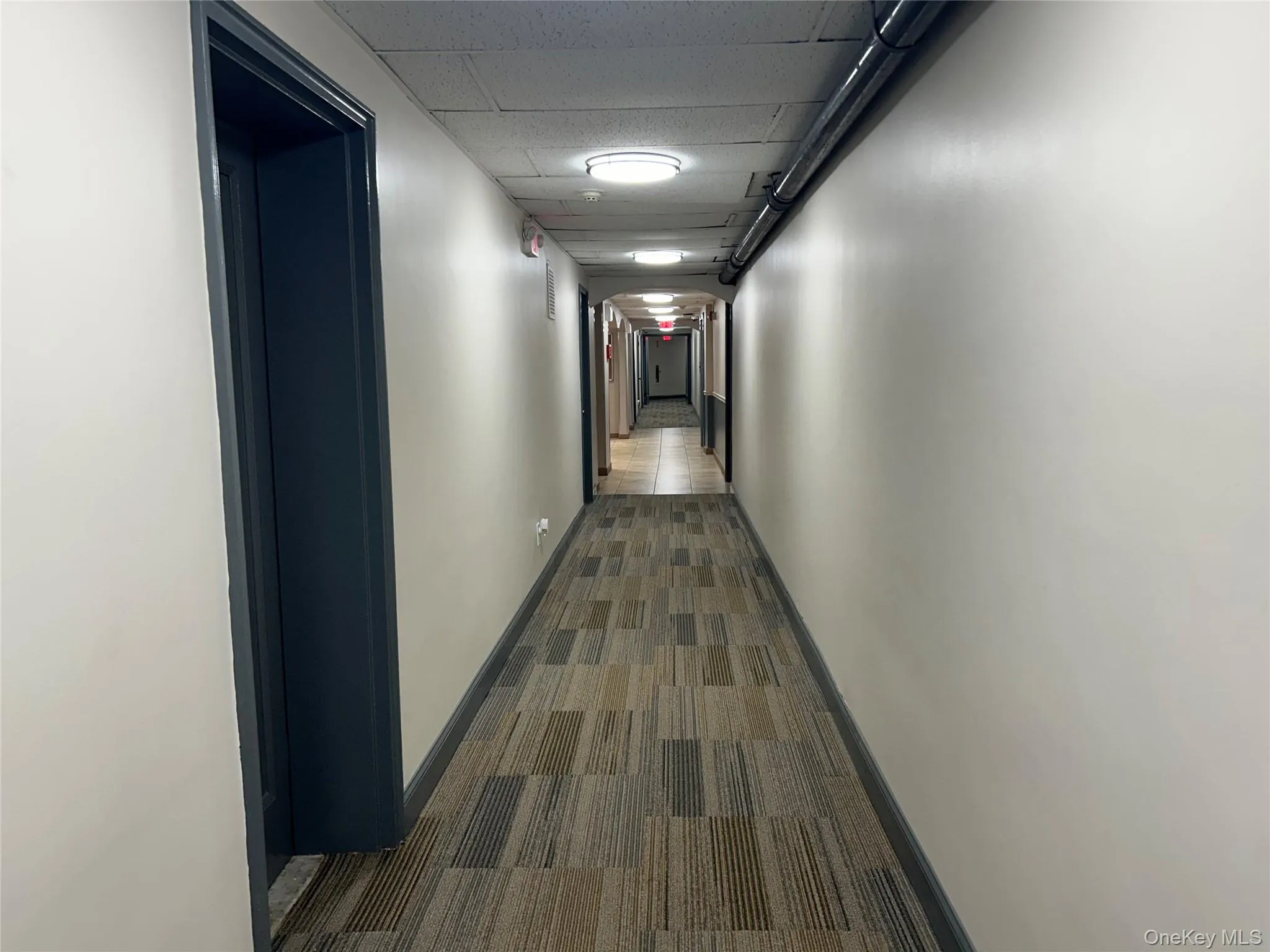 Hallway with dark colored carpet and a drop ceiling Hallway with dark colored carpet and a drop ceiling