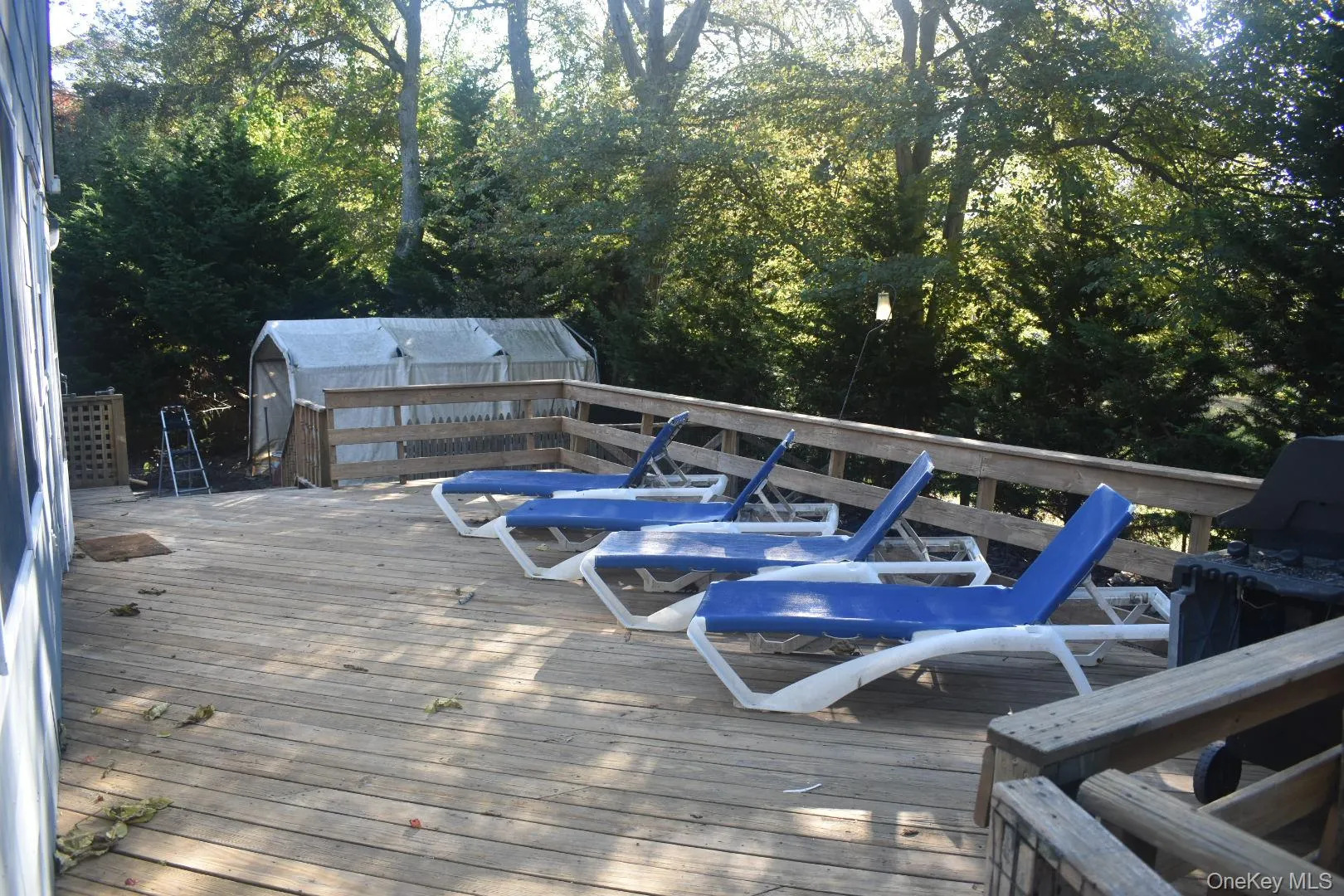 Wooden terrace with grilling area, an outdoor structure, and view of scattered trees Wooden terrace with grilling area, an outdoor structure, and view of scattered trees