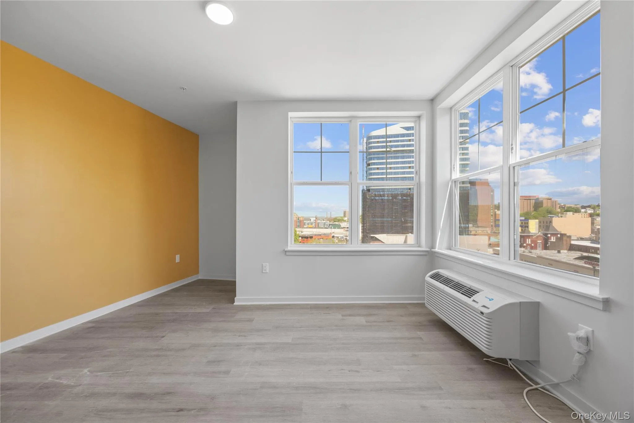 Unfurnished room featuring light wood-type flooring, a city view, and a wall mounted AC Unfurnished room featuring light wood-type flooring, a city view, and a wall mounted AC