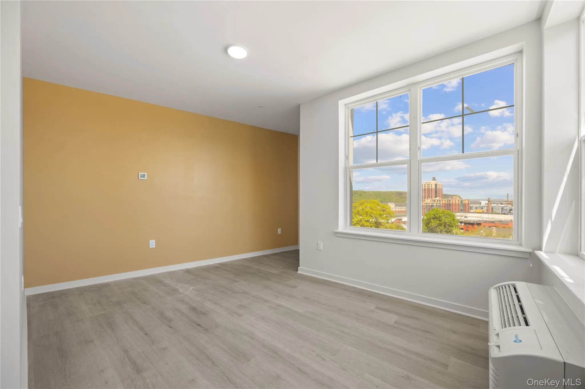 Empty room featuring light wood-style flooring, a city view, and a wall mounted air conditioner Empty room featuring light wood-style flooring, a city view, and a wall mounted air conditioner