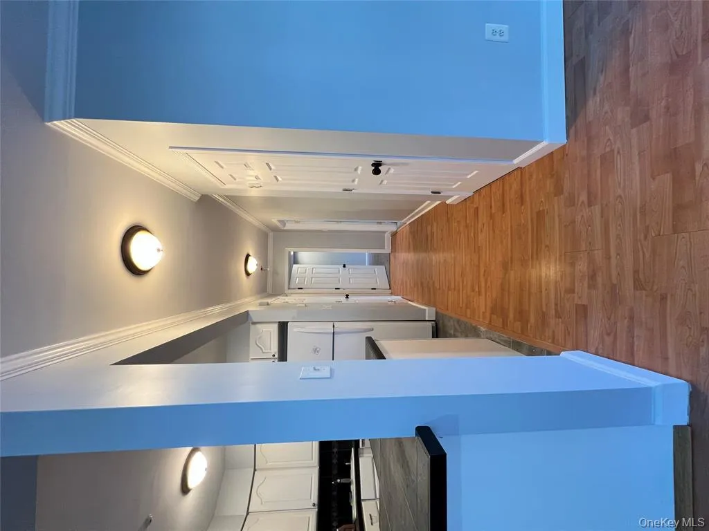 Corridor with ornamental molding and dark wood-type flooring Corridor with ornamental molding and dark wood-type flooring