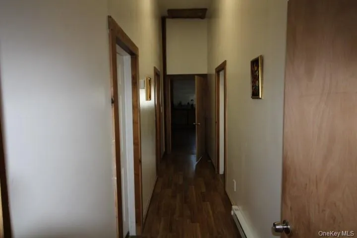 Hall with dark wood finished floors and baseboard heating Hall with dark wood finished floors and baseboard heating