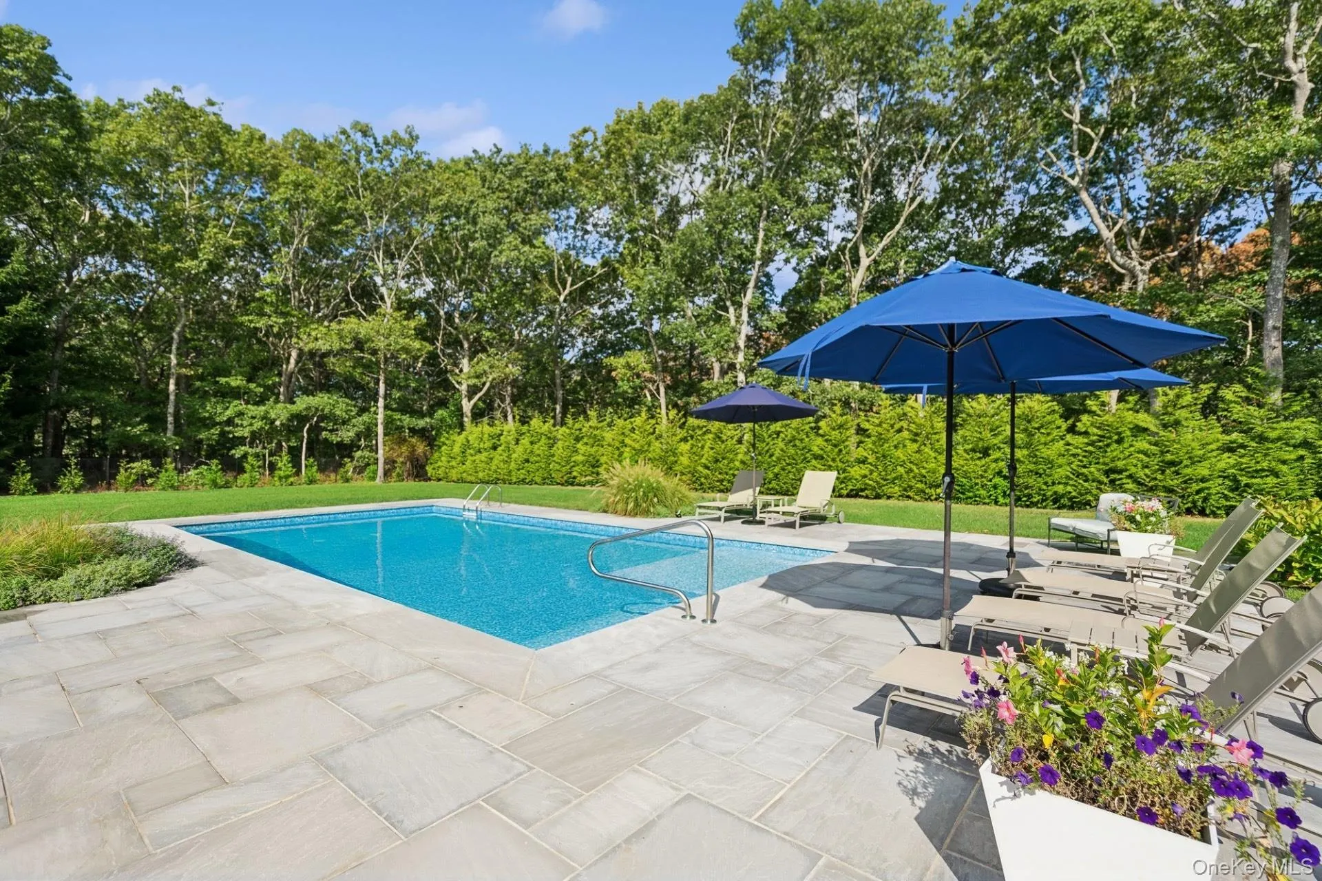 Swimming pool featuring a patio area, a lawn, and view of scattered trees Swimming pool featuring a patio area, a lawn, and view of scattered trees