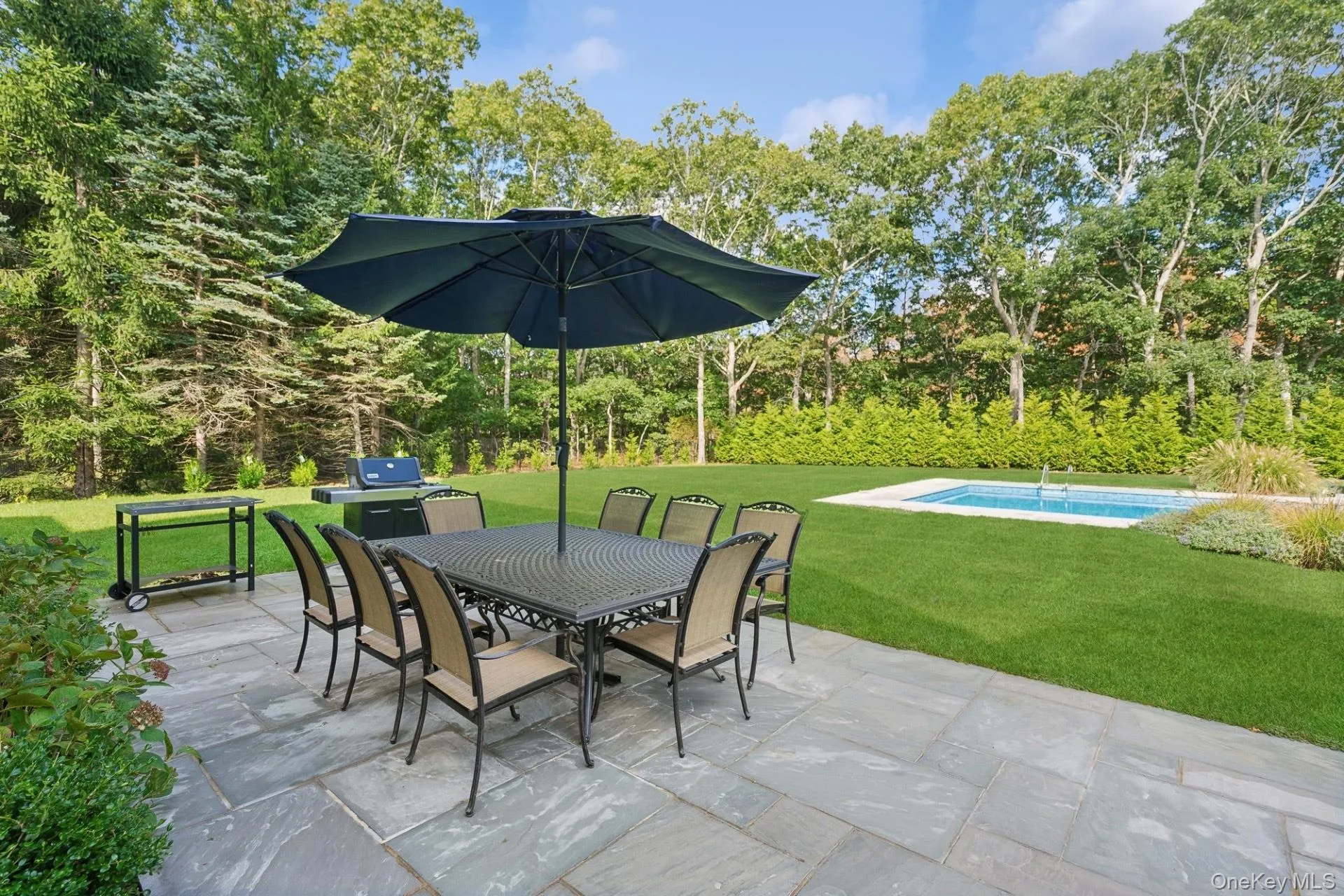 View of patio featuring outdoor dining area, an outdoor pool, and view of wooded area View of patio featuring outdoor dining area, an outdoor pool, and view of wooded area
