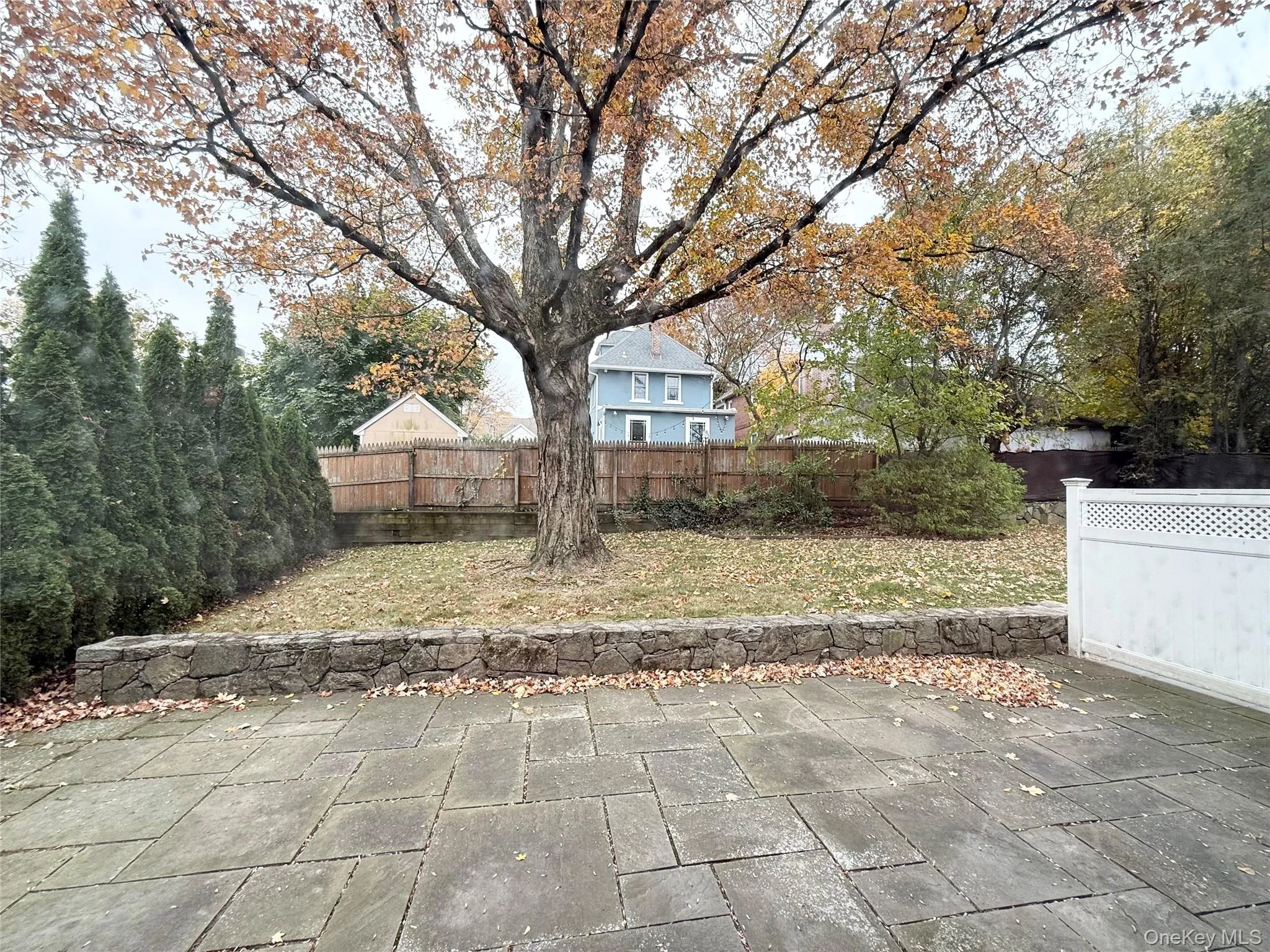 Fenced backyard featuring a patio and view of scattered trees Fenced backyard featuring a patio and view of scattered trees