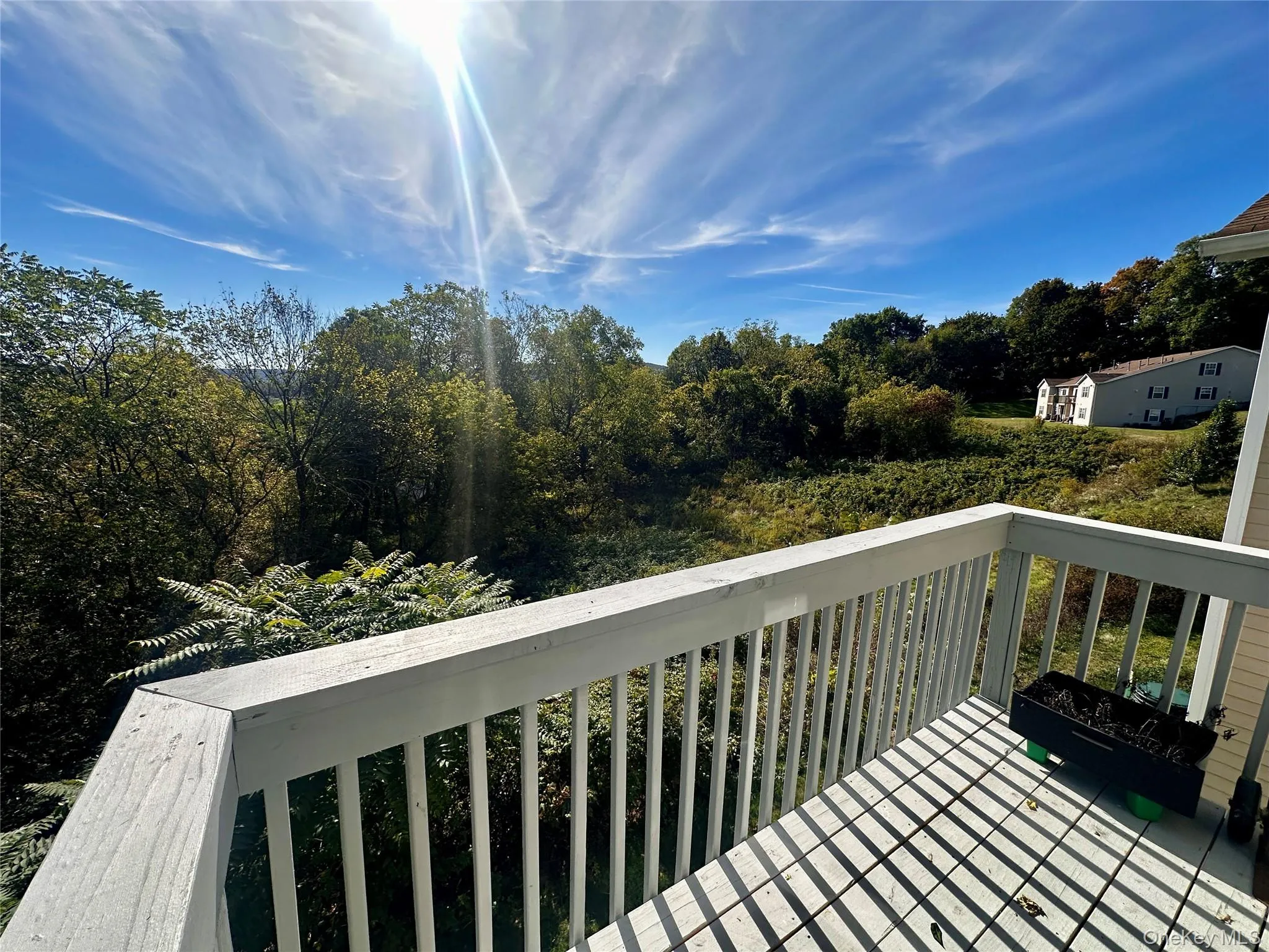 Wooden deck with view of wooded area Wooden deck with view of wooded area