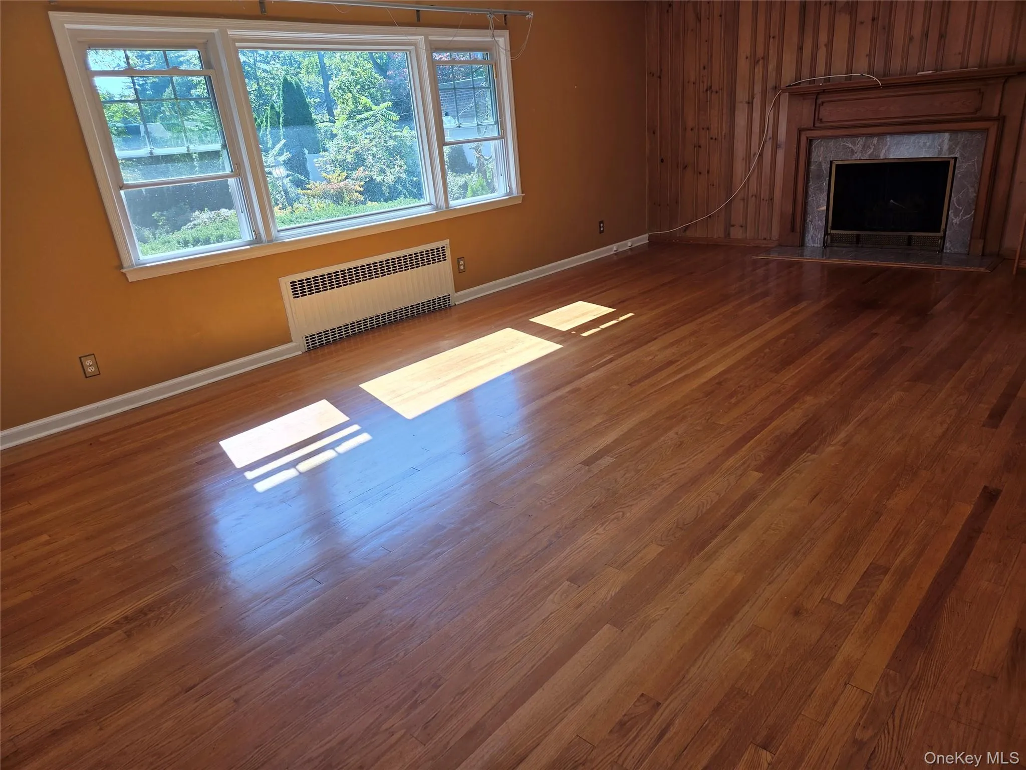 Unfurnished living room with dark wood-style flooring, radiator heating unit, and a high end fireplace Unfurnished living room with dark wood-style flooring, radiator heating unit, and a high end fireplace