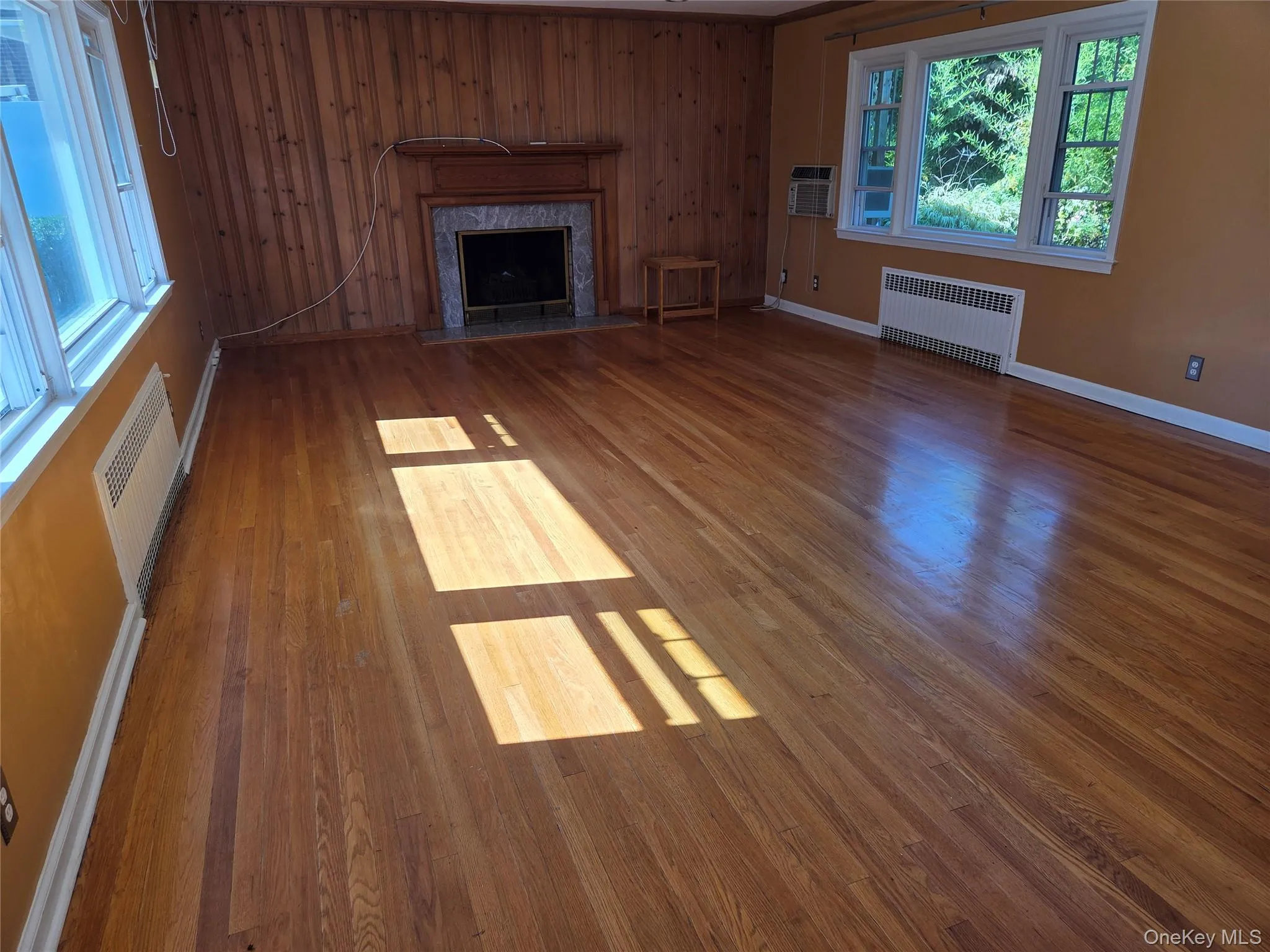 Unfurnished living room with wood walls, dark wood finished floors, radiator heating unit, and a premium fireplace Unfurnished living room with wood walls, dark wood finished floors, radiator heating unit, and a premium fireplace