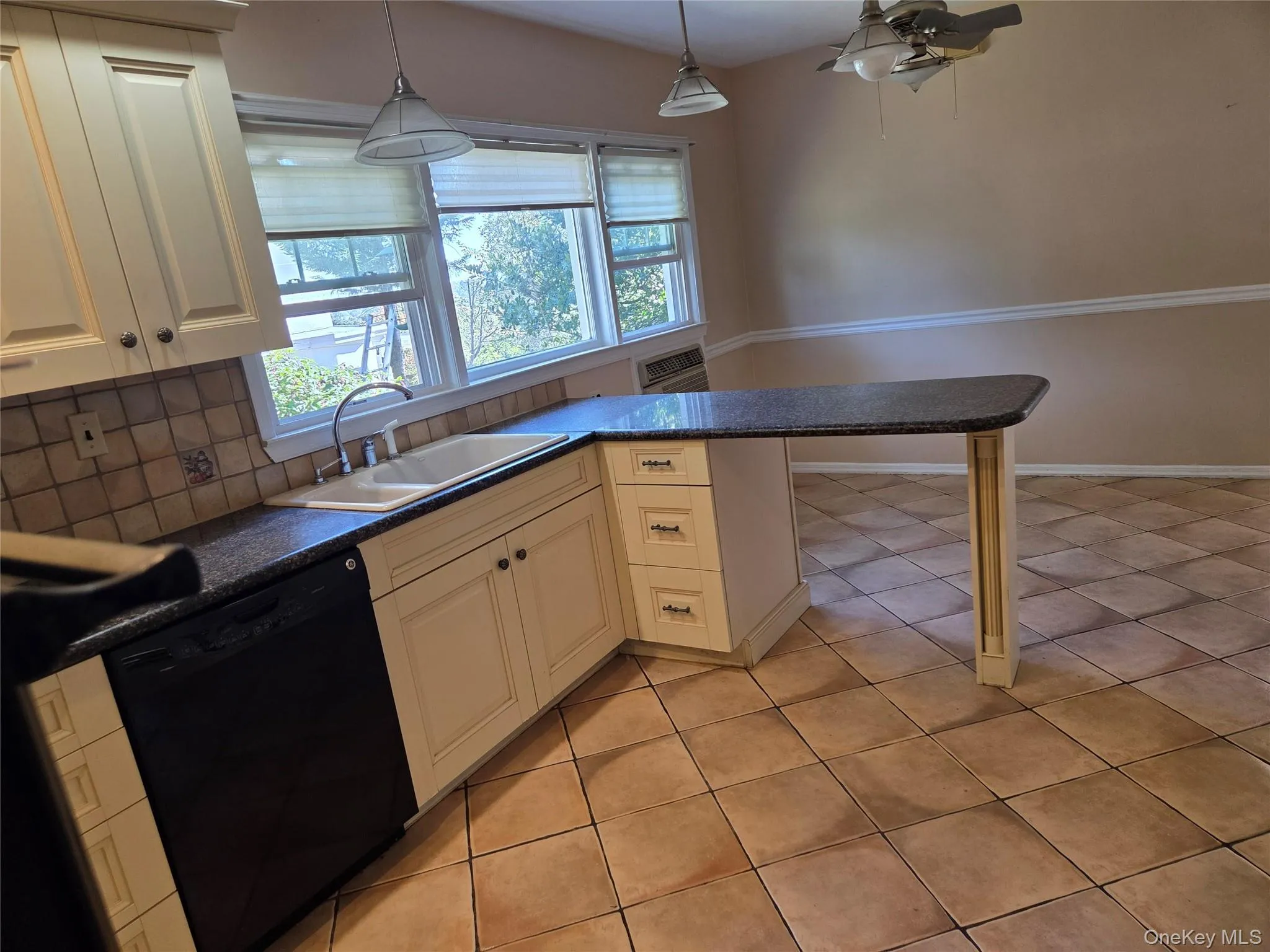 Kitchen with dark countertops, dishwasher, a peninsula, pendant lighting, and healthy amount of natural light Kitchen with dark countertops, dishwasher, a peninsula, pendant lighting, and healthy amount of natural light