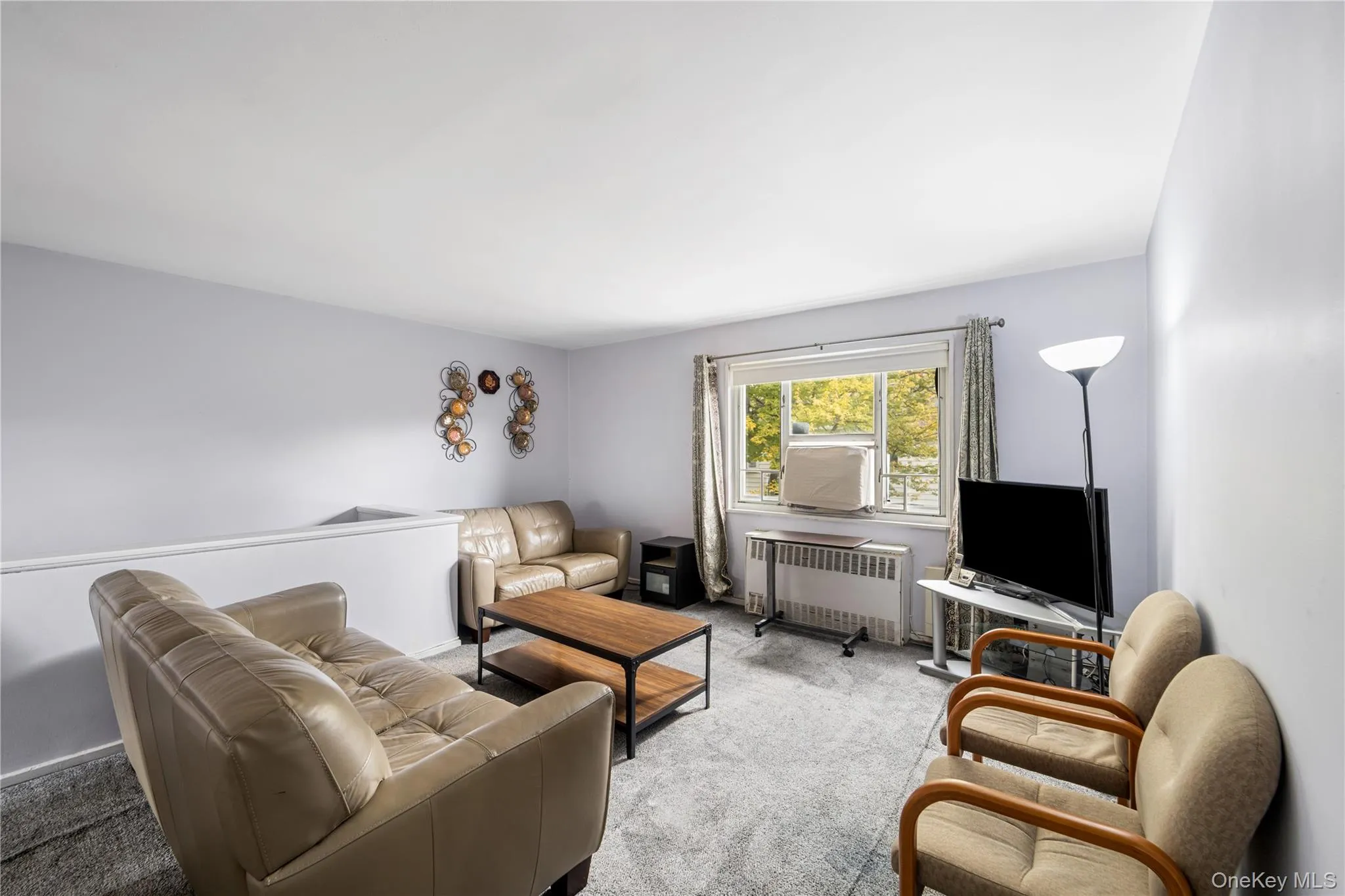 Living area featuring carpet and radiator heating unit Living area featuring carpet and radiator heating unit