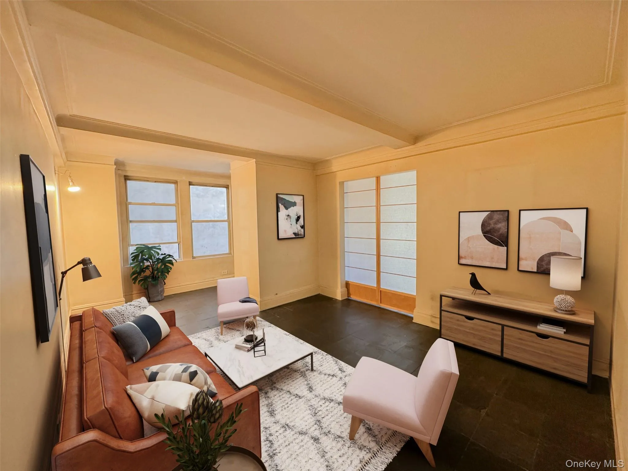 Living room featuring beamed ceiling and crown molding Living room featuring beamed ceiling and crown molding