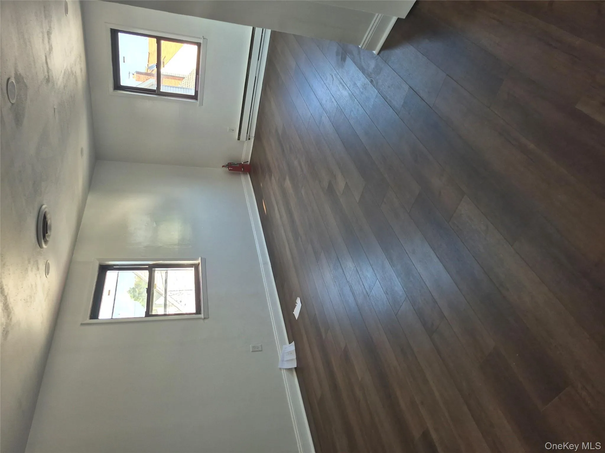 Spare room featuring a baseboard radiator and dark wood-style floors Spare room featuring a baseboard radiator and dark wood-style floors