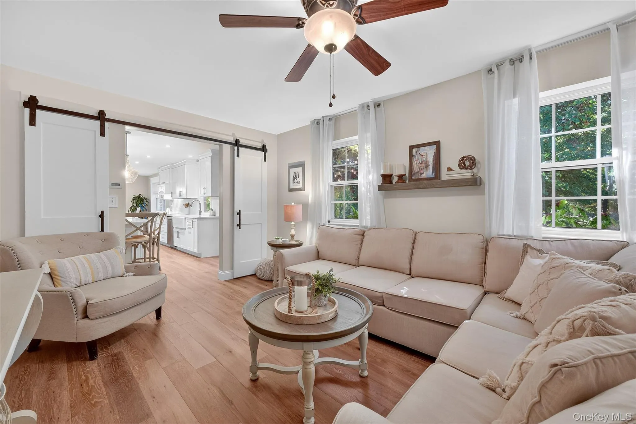 Living room featuring light wood finished floors, a barn door, and ceiling fan Living room featuring light wood finished floors, a barn door, and ceiling fan