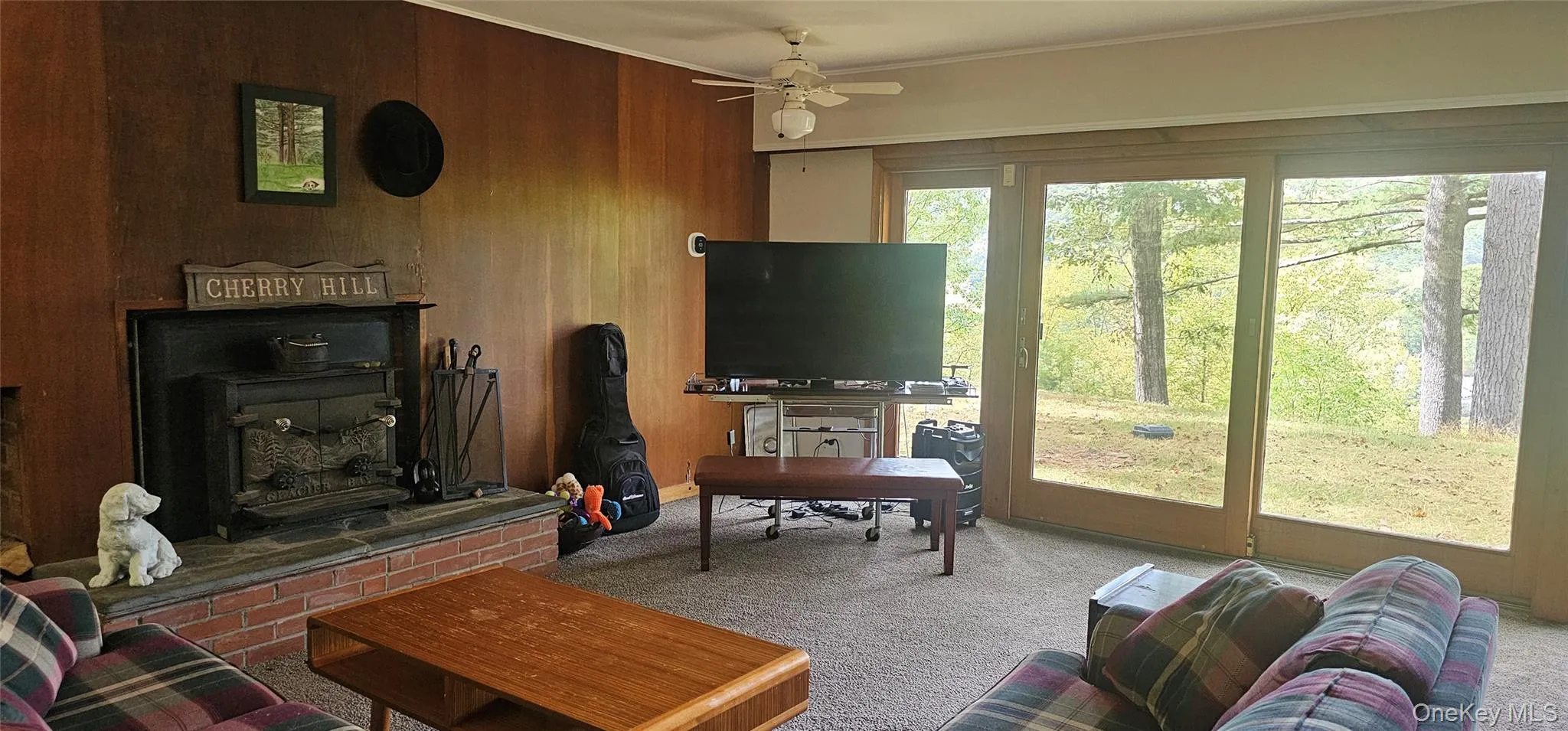 Carpeted living room with wood walls, ornamental molding, ceiling fan, and a wood stove Carpeted living room with wood walls, ornamental molding, ceiling fan, and a wood stove