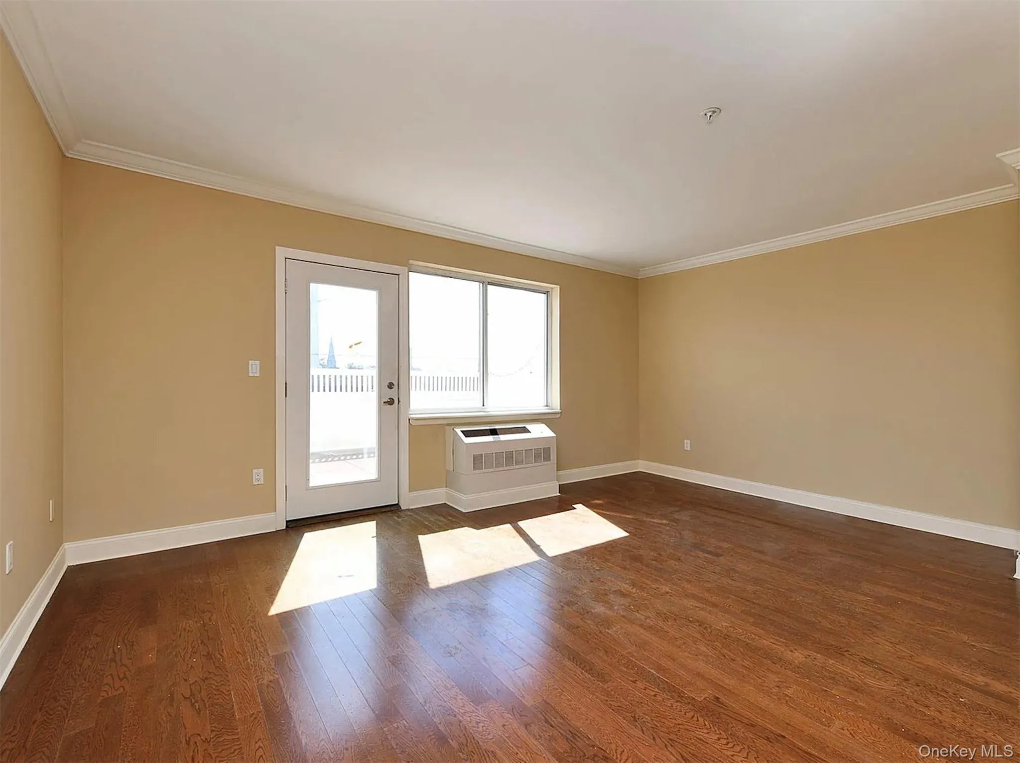 Empty room with ornamental molding and dark wood-type flooring Empty room with ornamental molding and dark wood-type flooring
