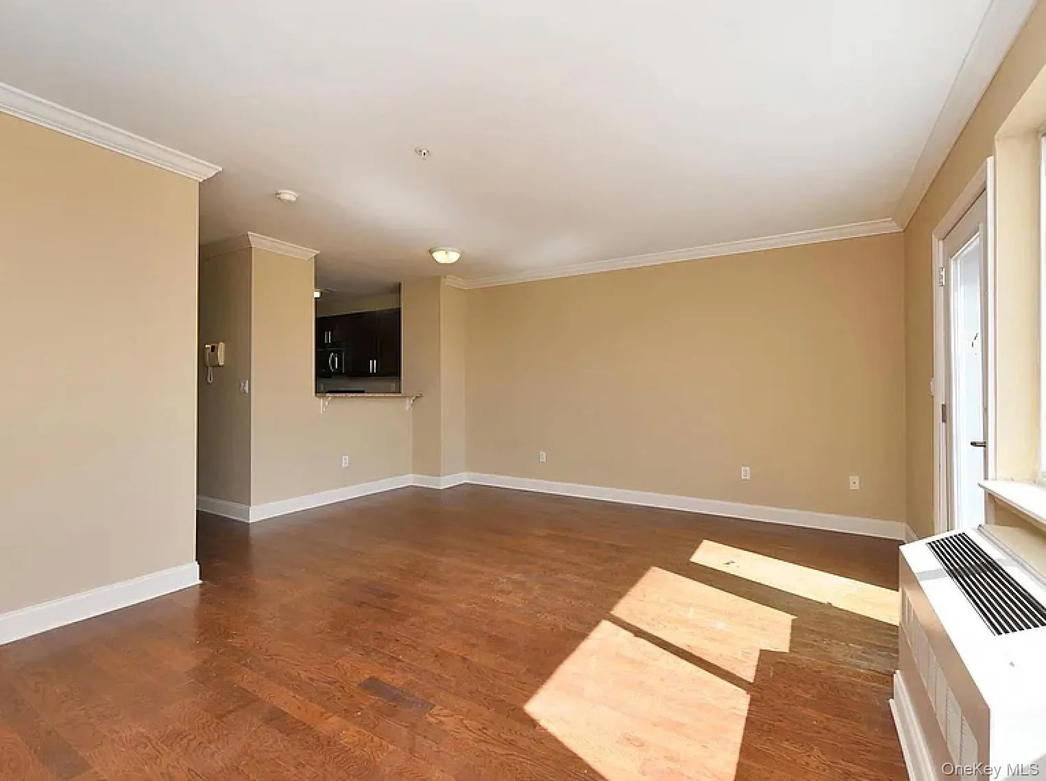 Spare room with dark wood-style flooring, crown molding, and an AC wall unit Spare room with dark wood-style flooring, crown molding, and an AC wall unit