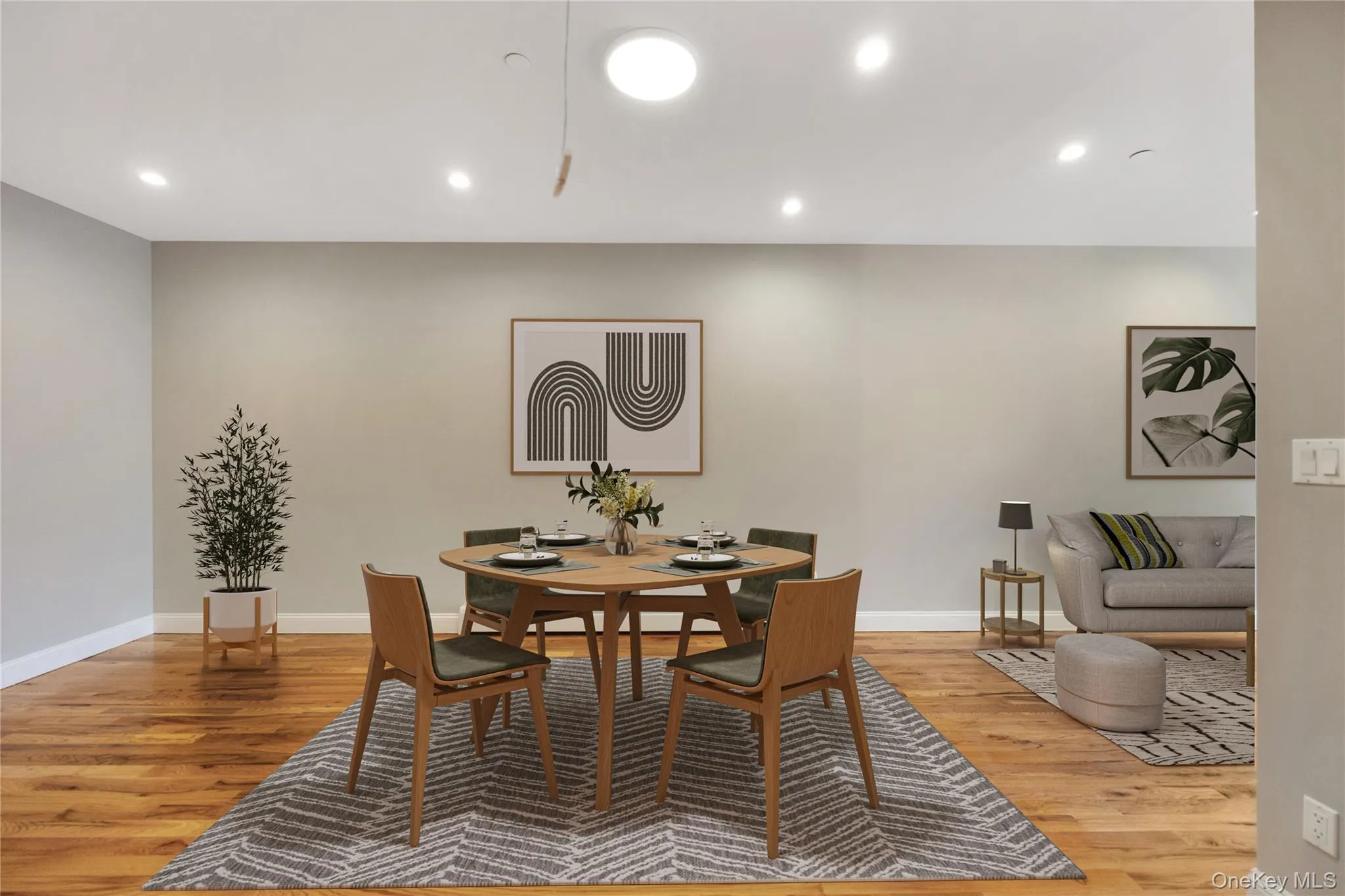 Dining room with recessed lighting and light wood finished floors Dining room with recessed lighting and light wood finished floors