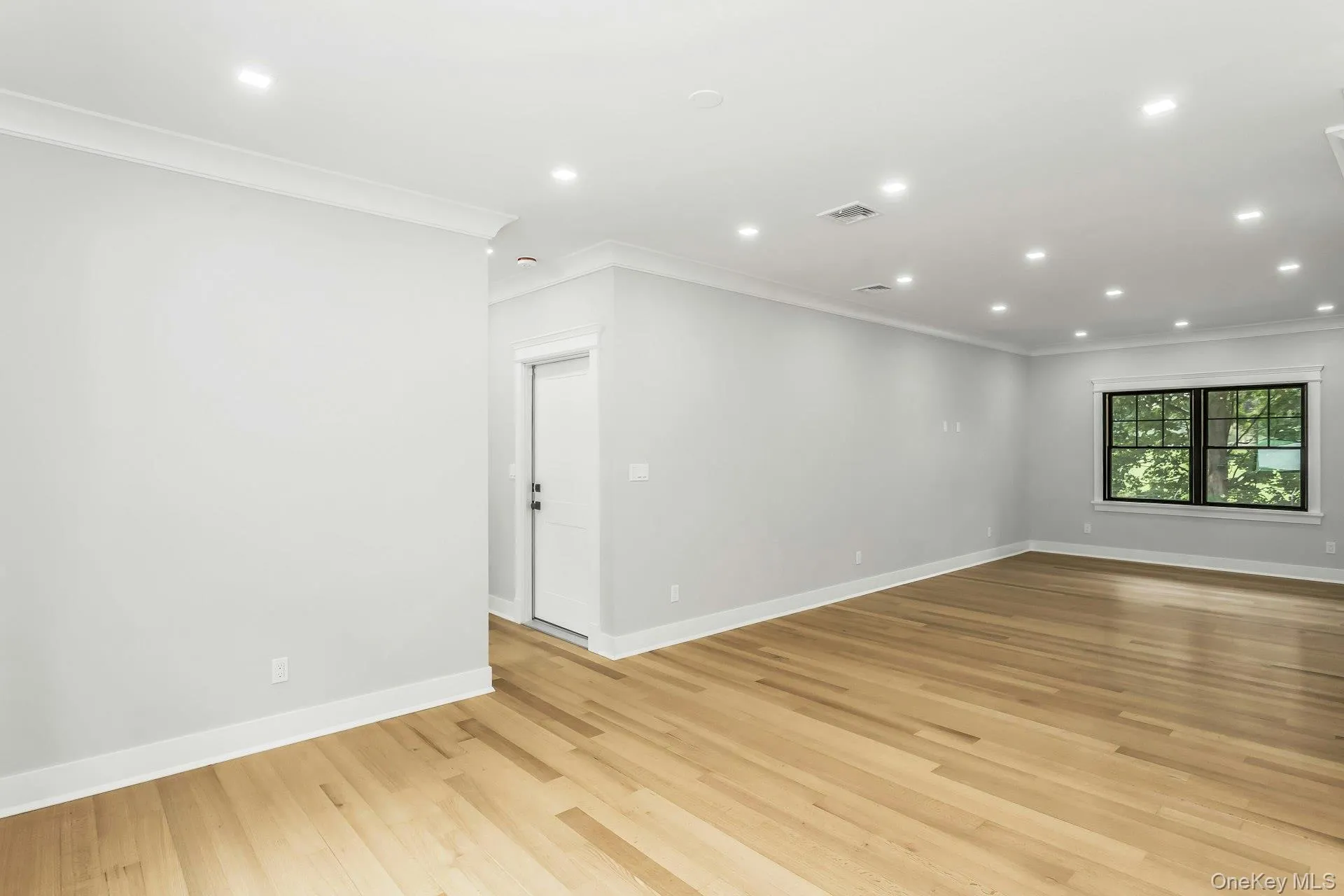 Spare room with ornamental molding, recessed lighting, and light wood finished floors Spare room with ornamental molding, recessed lighting, and light wood finished floors
